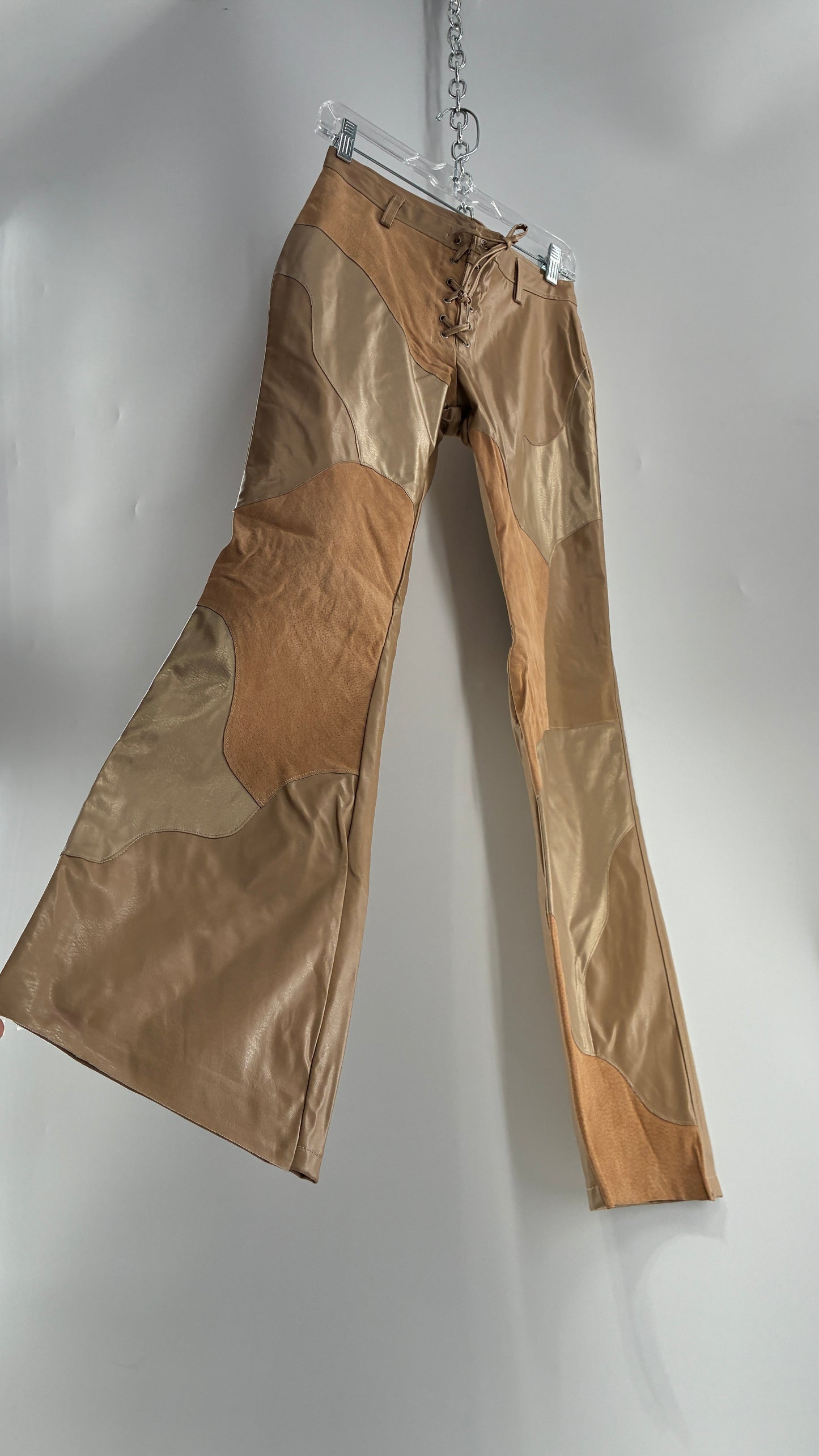 Vintage OUTER EDGE Patchwork Vegan Leather Kickflares with Tie Up Waistline (5)
