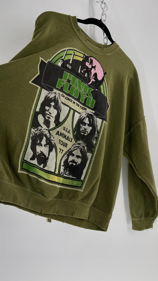 Vintage Green Graphic Pink Floyd Crewneck Knits with Distressed Neckline and Hems  (L/XL)