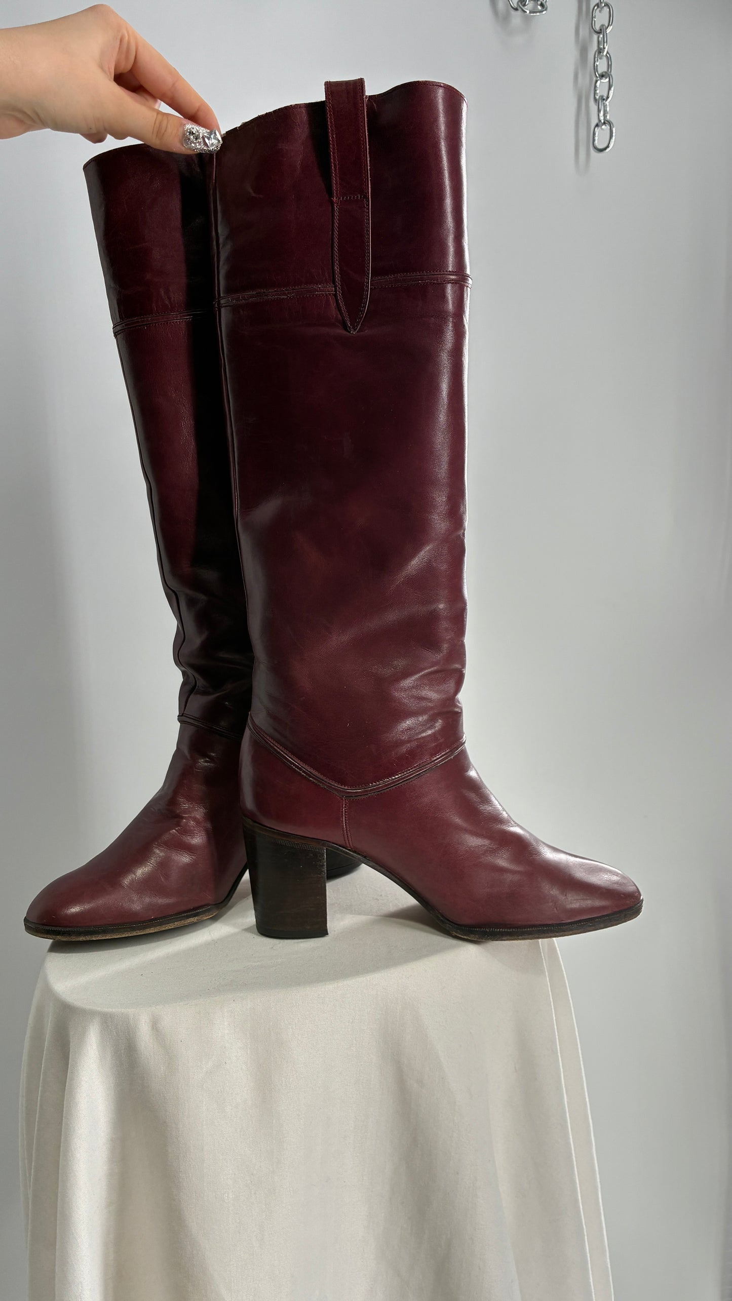 Vintage Red Leather Round Toe Knee High Boots Made in Spain Boots (38)