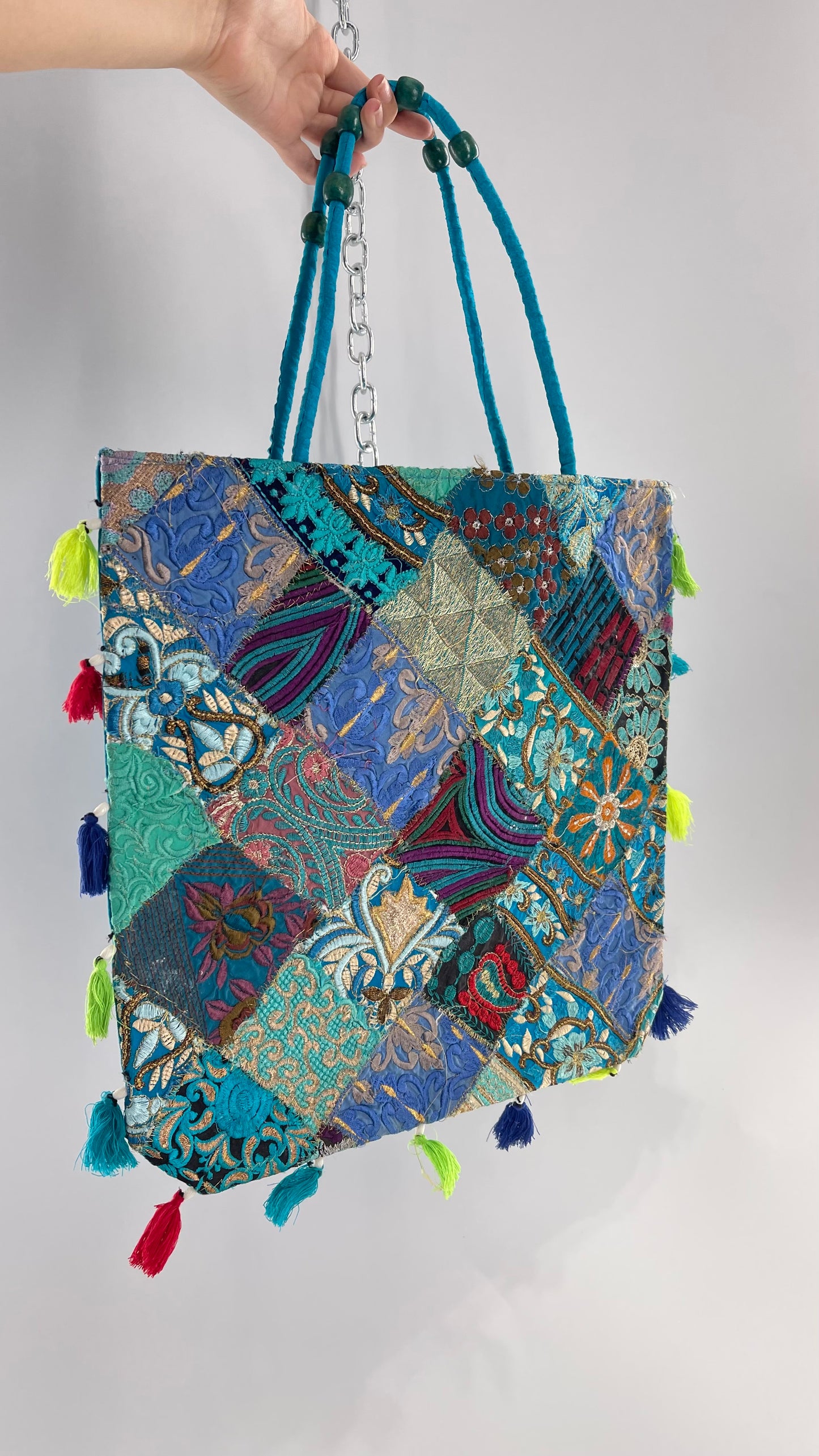 Imported Blue Patchwork Tote from Brazil with Tassel Detailing