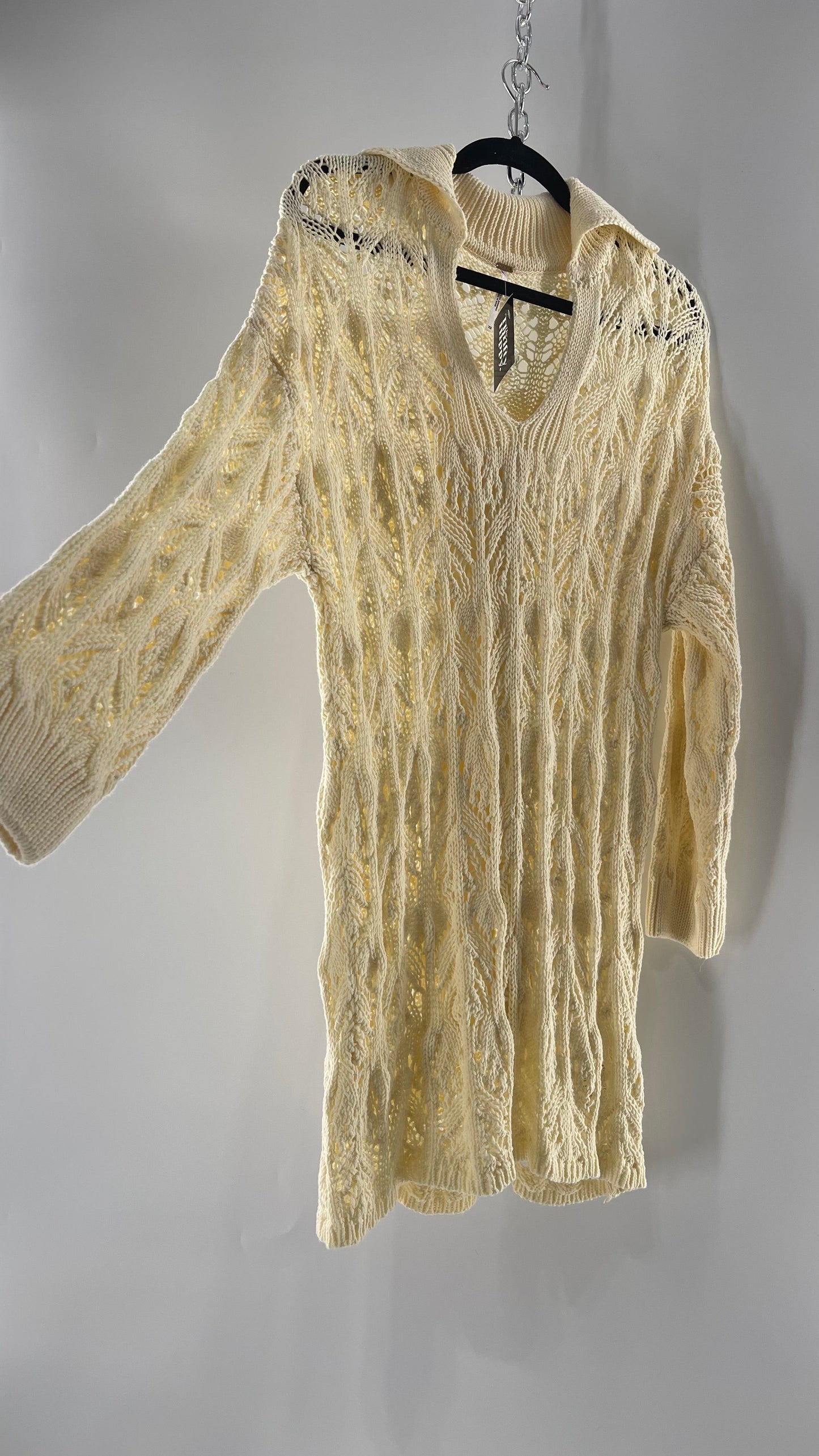 Free People Baby Yellow Comfy n Cozy Open Stitch Knit Sweater Dress (S)