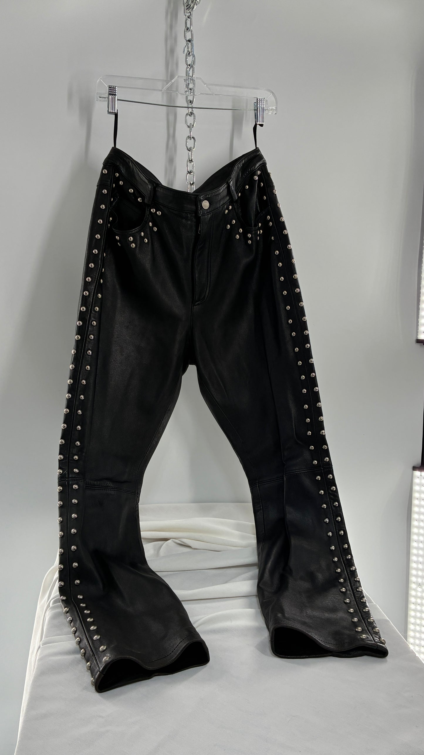 Vintage DKNY Genuine Leather Black Hip to Hem Studded Straight Legs (12)