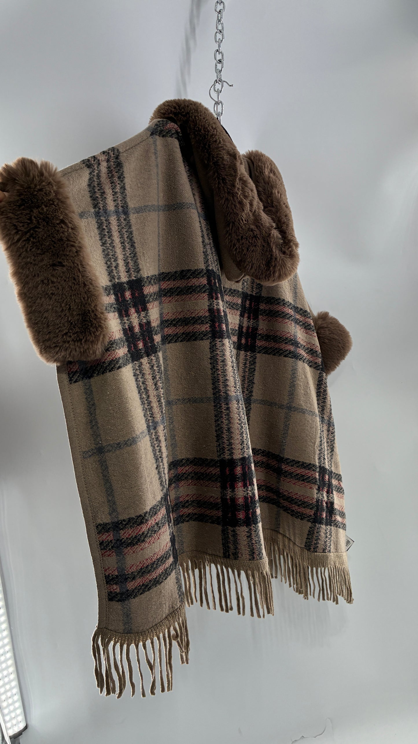 FADIVO NEW YORK Plaid Taupe Cape with Fur Trim and Tags Attached (OS)