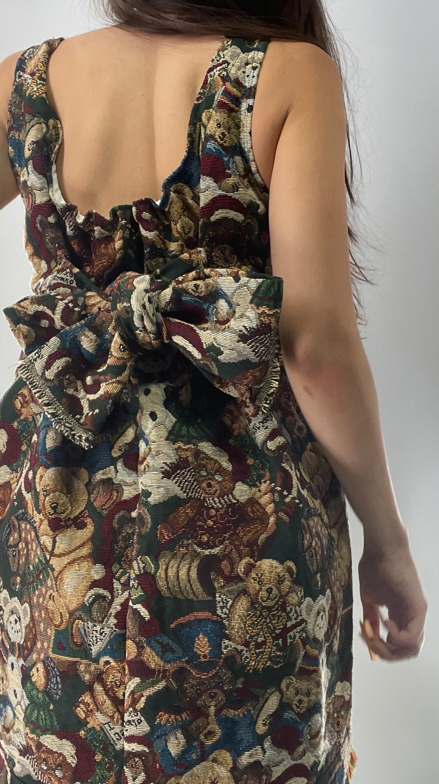 Christmas Custom Teddy Bear Tapestry Babydoll Dress with Bow Back Detail and Adjustable Neckline/Underbust (XS-L)