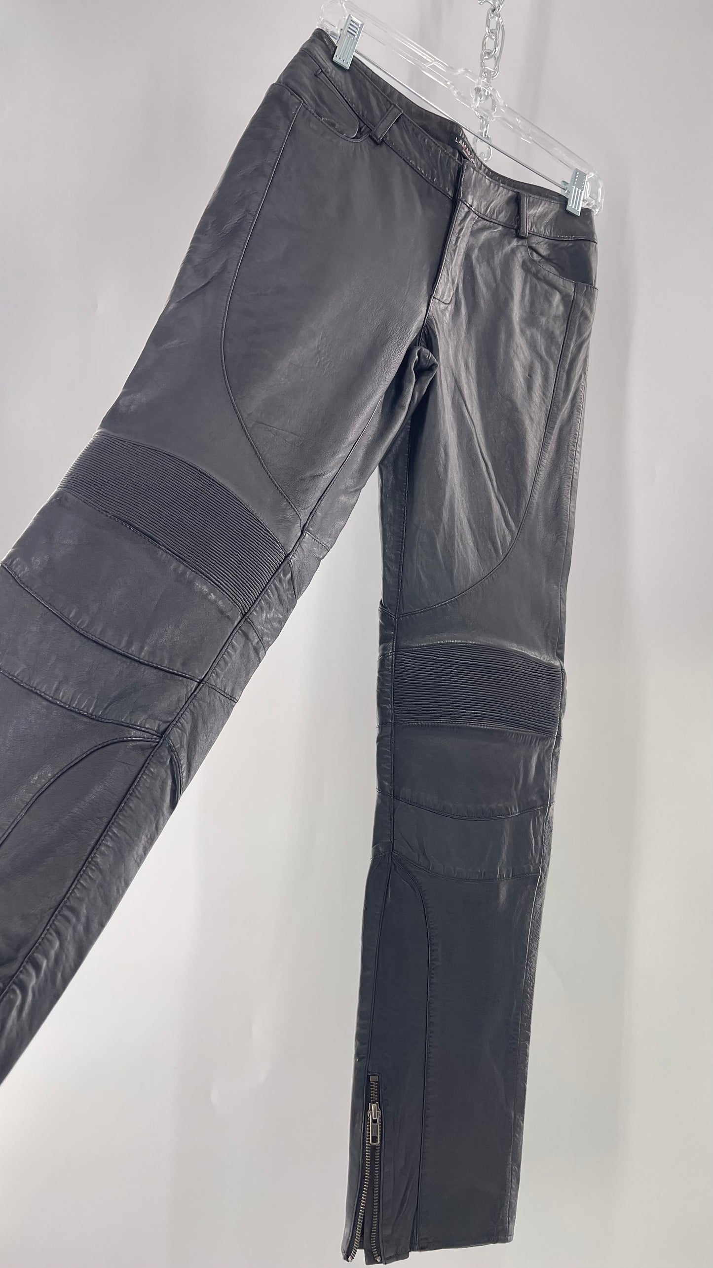 LAMARQUE 1990s Collection Vintage Black Leather Moto Style Pant with Panels, Ribbing and Zipper Details (6)