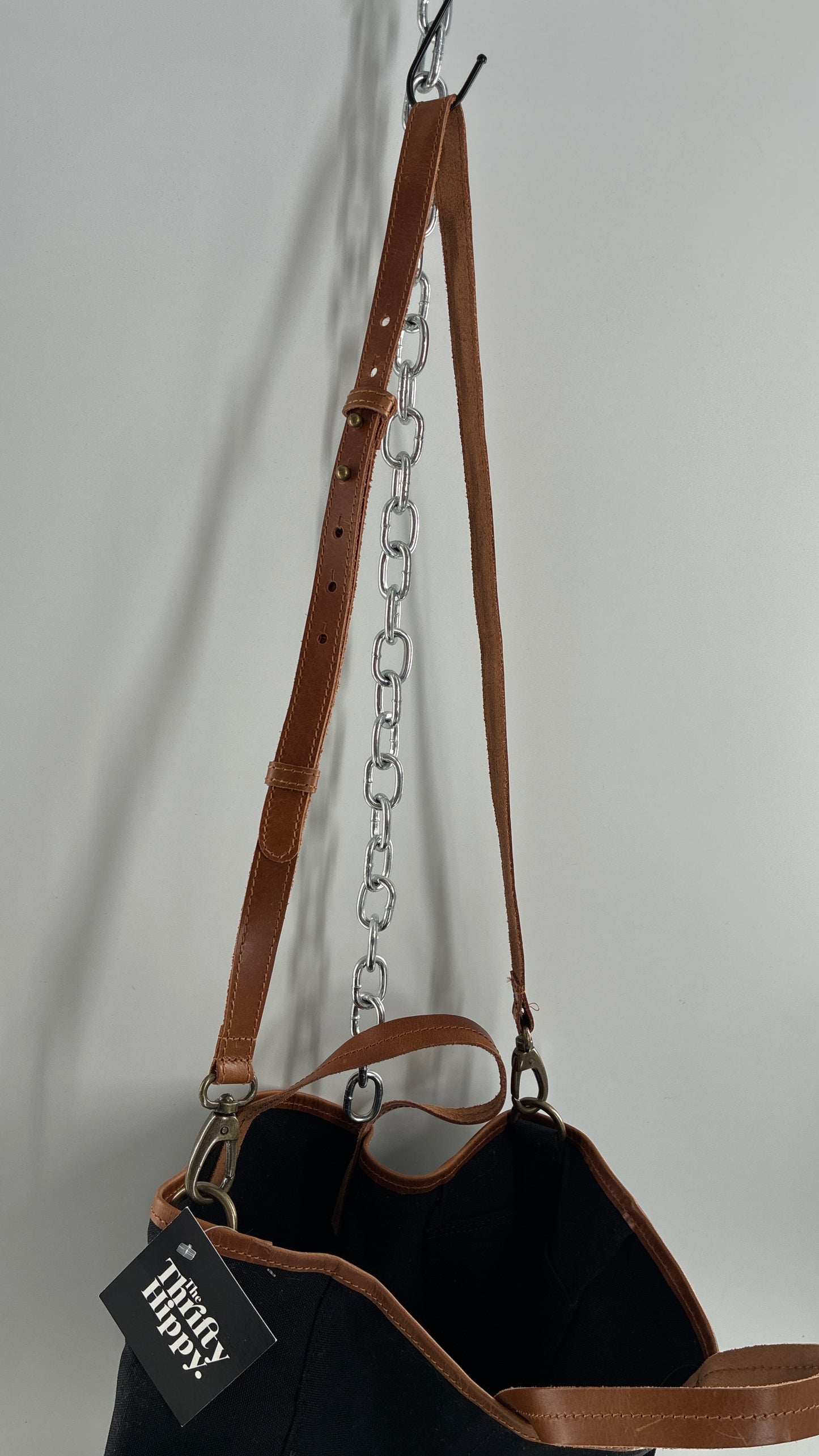 Urban Outfitters Large Black Cotton Tote Bag with Inner Pockets, Genuine Leather Lining and Straps