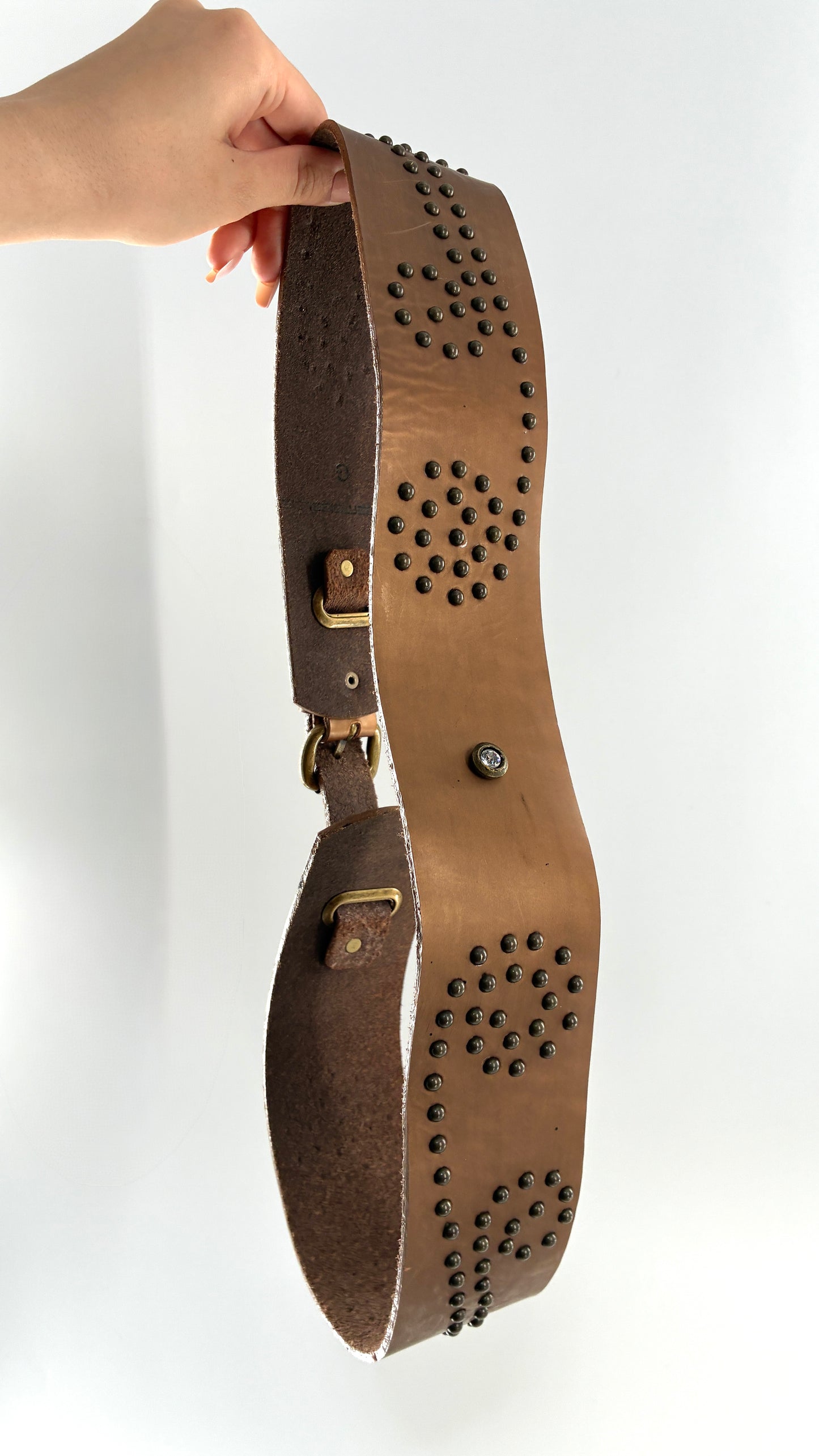 Vintage MADEMOISELLE Bronze Leather Thick Belt with Studded Rhinestone Details (L)
