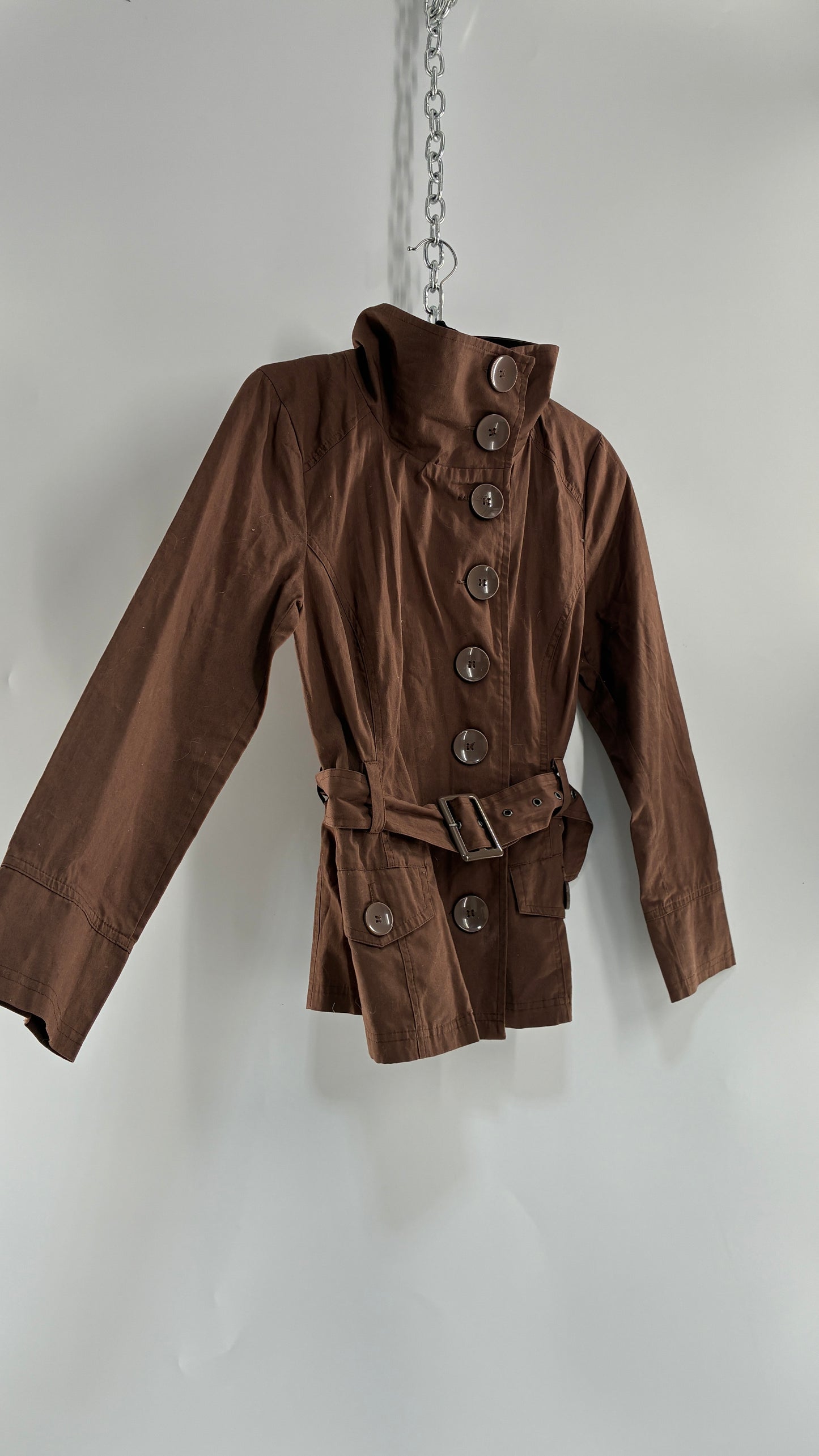 Vintage LAST KISS Brown Belted Trench Jacket with Pipe Neck and Oversized Buttons (Medium)