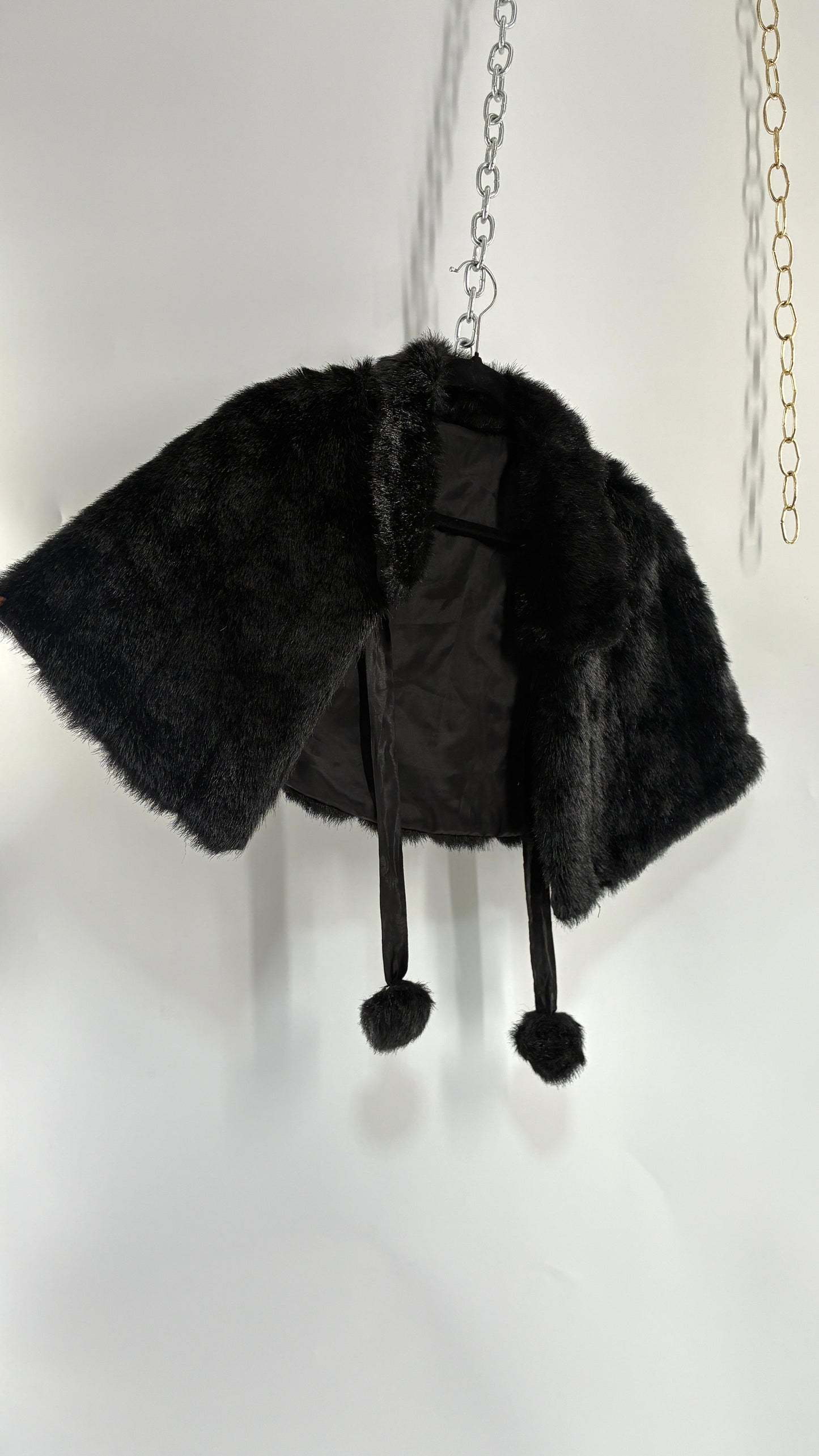 Vintage Black Faux Fur Bolero with Pom Poms (Small)