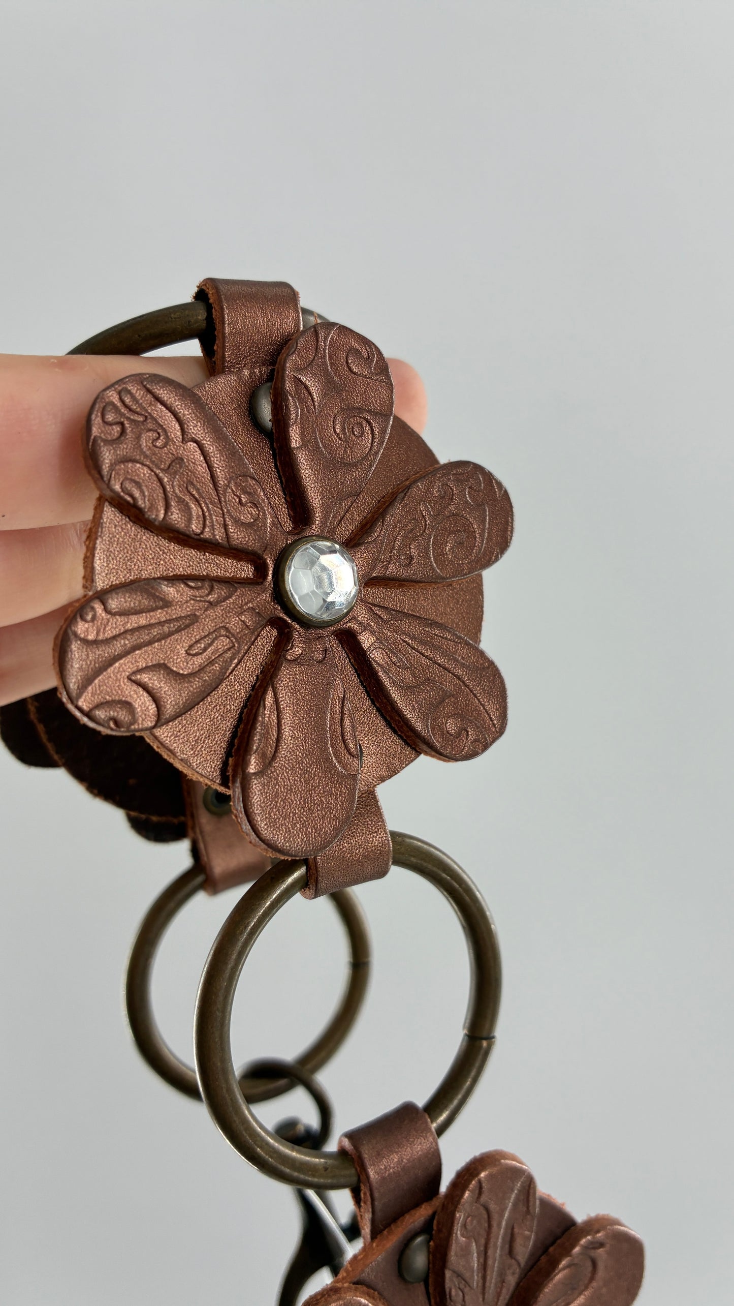 Vintage RELIC Brown Bronze Leather Flower Chain Belt with Rhinestones (M/L)