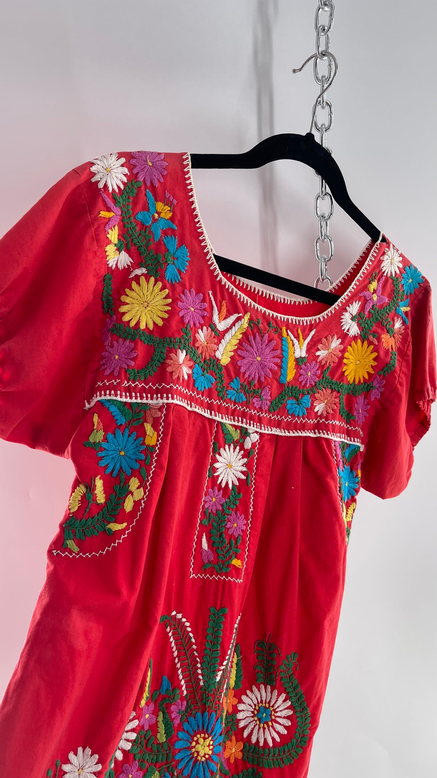 Vintage 1970s Red Cotton Dress with Hand Embroidered Florals Imported from Mexico (Small)