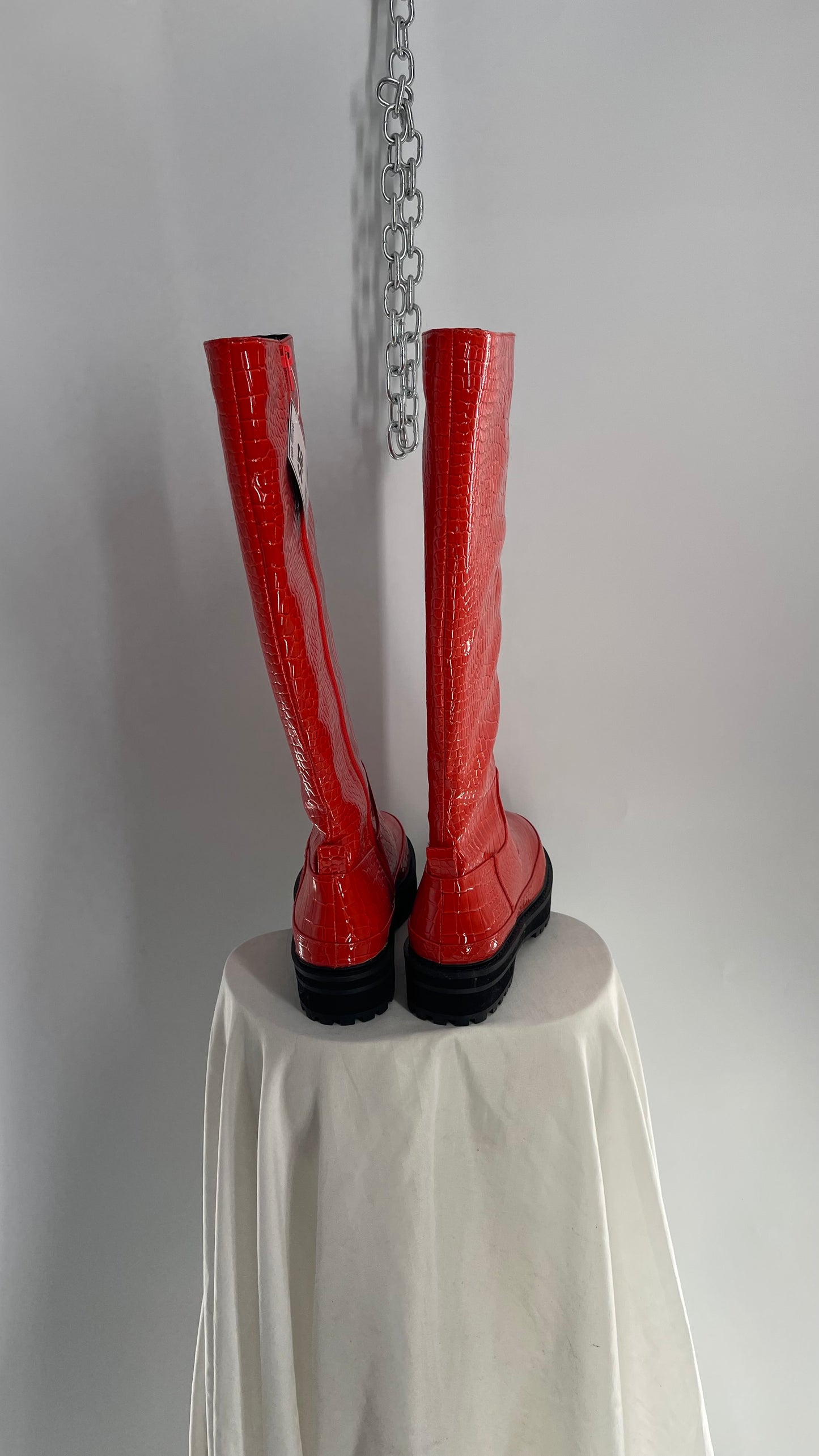 Urban Outfitters Orange Crocodile Embossed Knee High Boots (9)