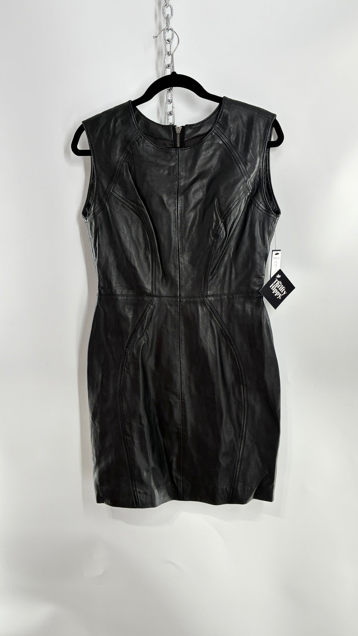 AQUA LUXE Black Leather Bodycon Paneled Dress with Tags Attached (Small)