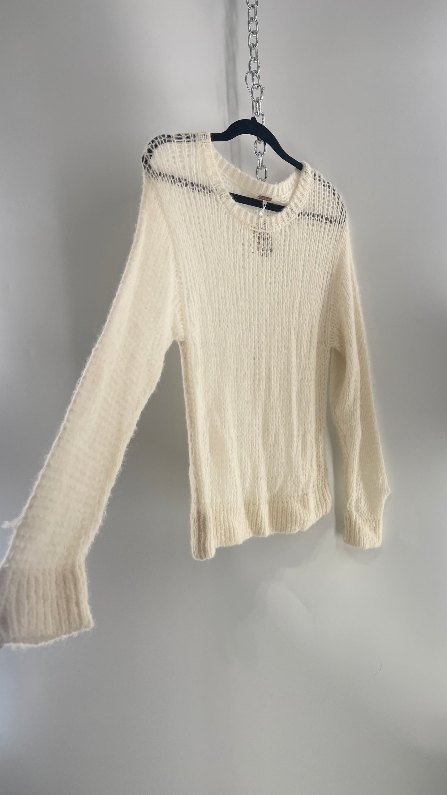 Free People White Open Knit Sweater 56% Alpaca (Medium)