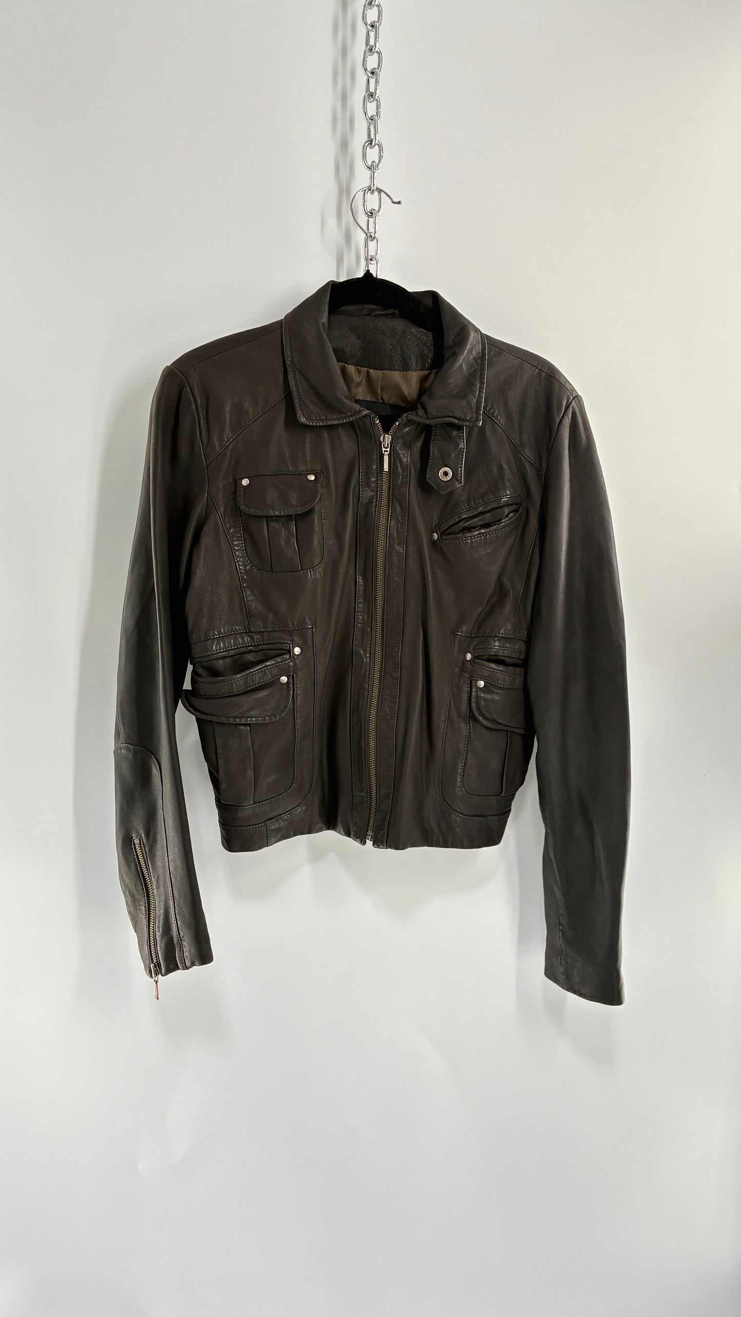 Vintage IDENTIFY Soft Genuine Leather Jacket with High Neck and Multi Pocket Details (Medium)