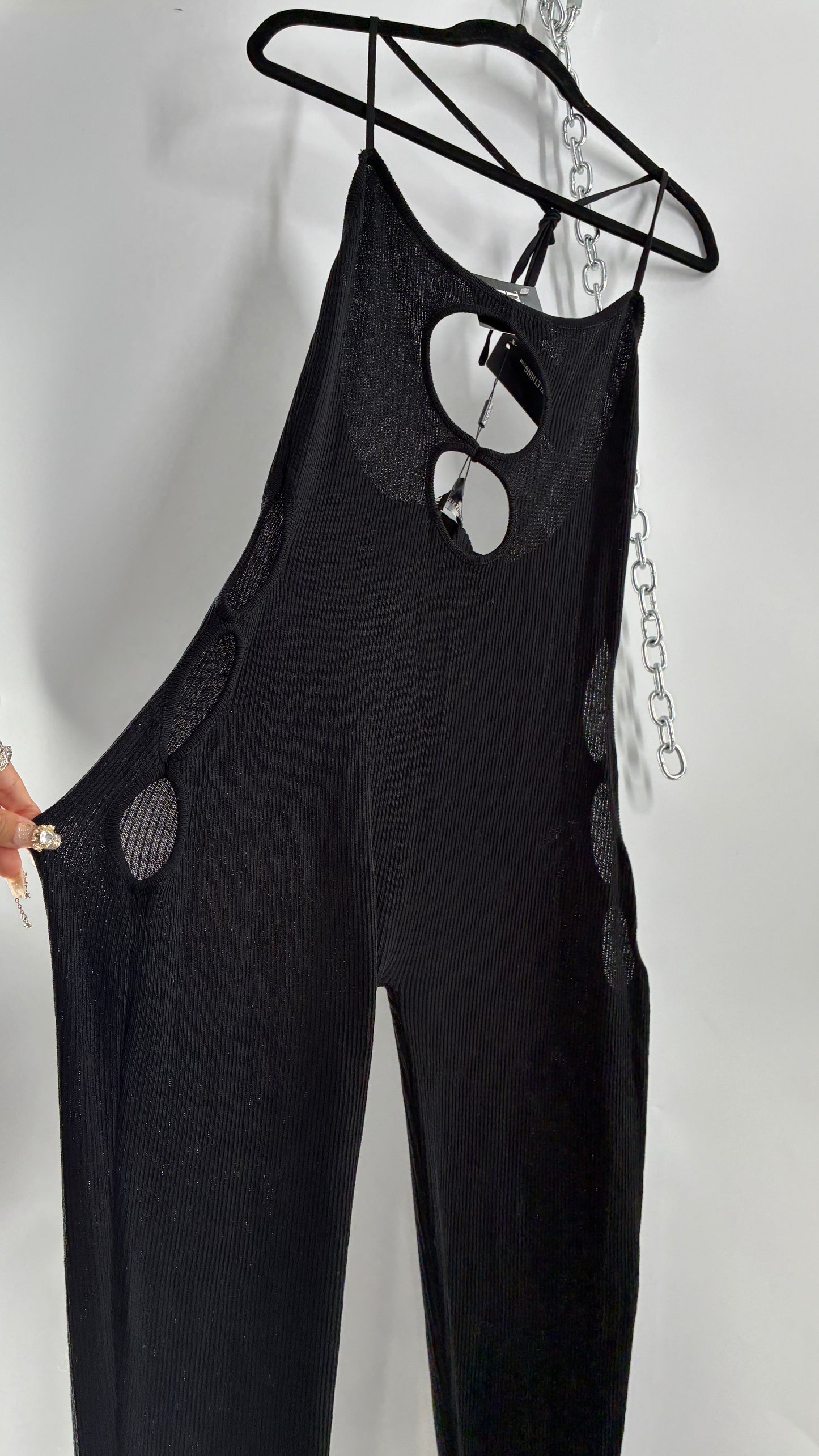Pretty Little Thing Black Sheer Knit Cut Out Halter Neck Jumpsuit with Tags (Large)