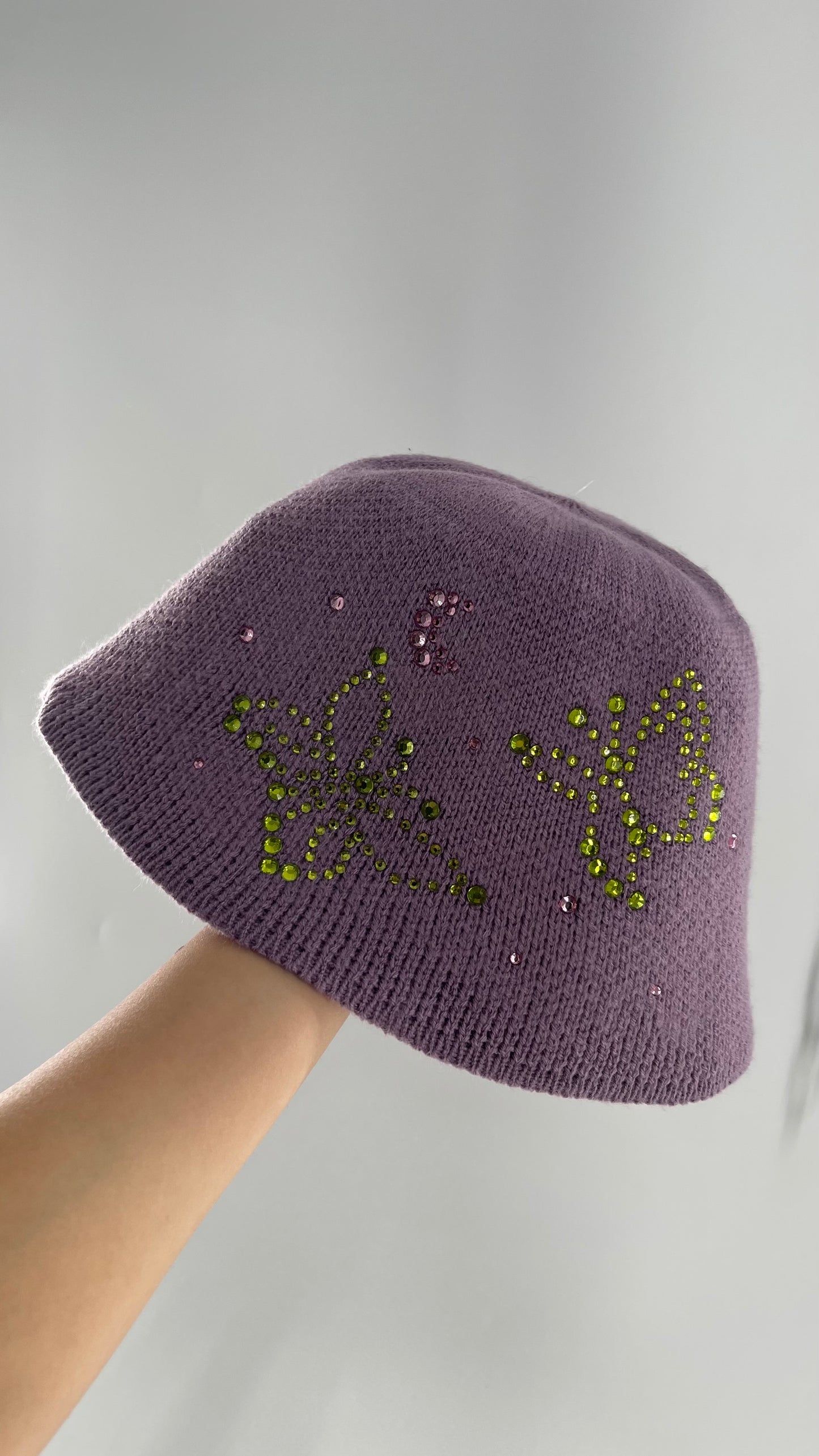 Urban Outfitters Lavender/Lilac Purple Knit Bucket Hat with Rhinestone Butterfly Details