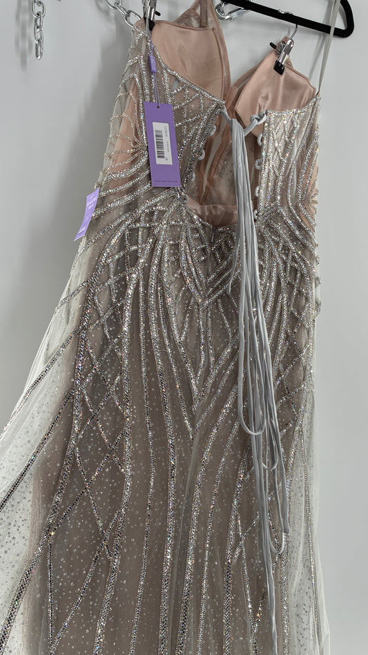 NWT LADIVINE by Cinderella Divine Silver Nude CC6018 Mermaid Corseted Gown with Multiple Layers of Tulle, Covered in Crystal Strips (16)