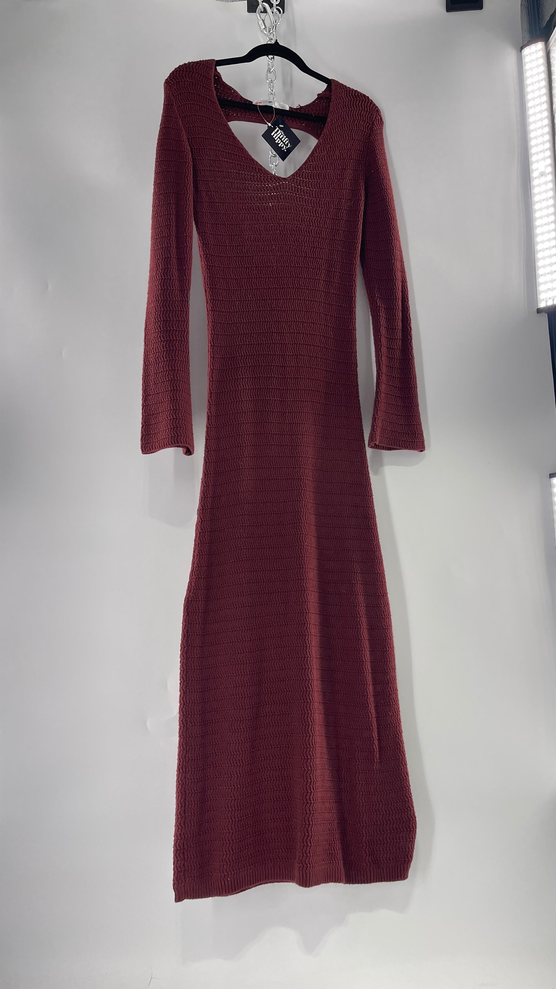 Free People Burgundy Knit Maxi Dress with Open Back and Bell Sleeves ( The Thrifty Hippy Free People Burgundy Knit Maxi Dress with Open Back and Bell Sleeves ( The Thrifty Hippy