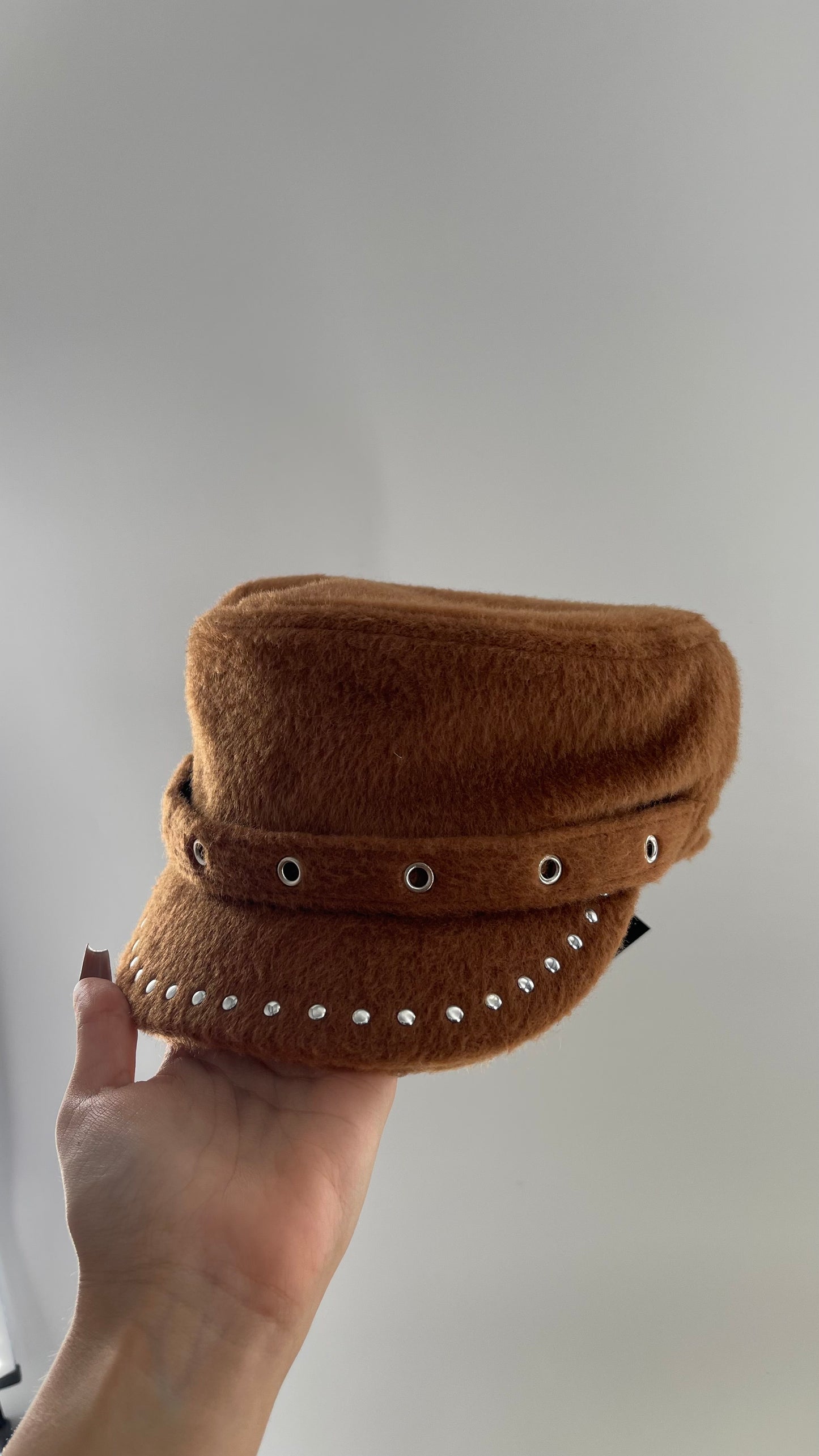 Studded Fuzzy Brown Newsboy Cap