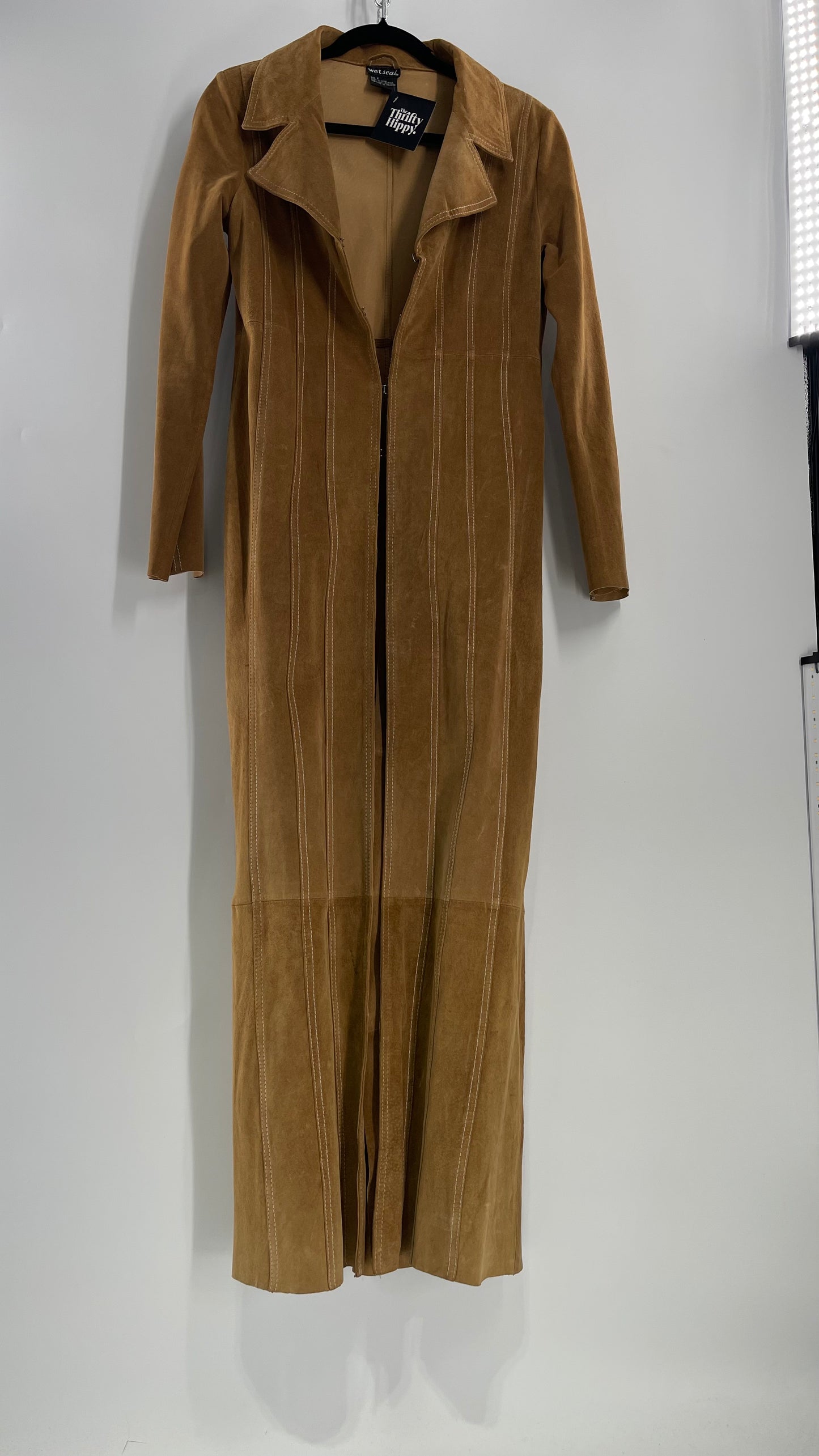 Vintage Wet Seal Full Length Paneled Tan Leather Sweeping Coat (Small)