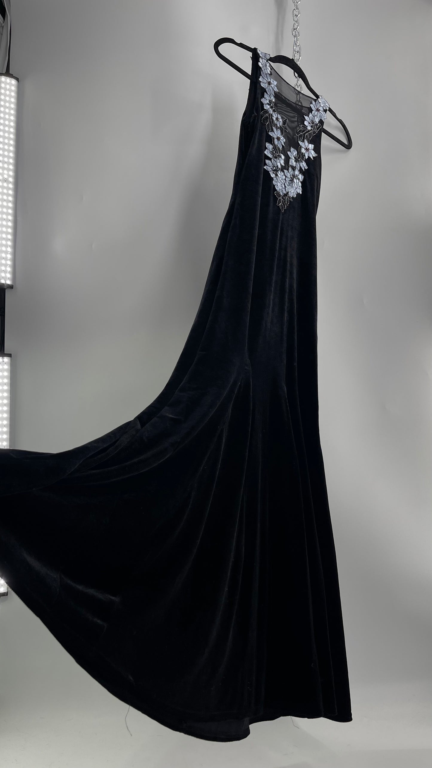 Vintage Jessica McClintock Black Velvet Fit And Flare Gown with Plunging Neckline Covered in Embroidered Beaded Pale Blue Flowers (2)