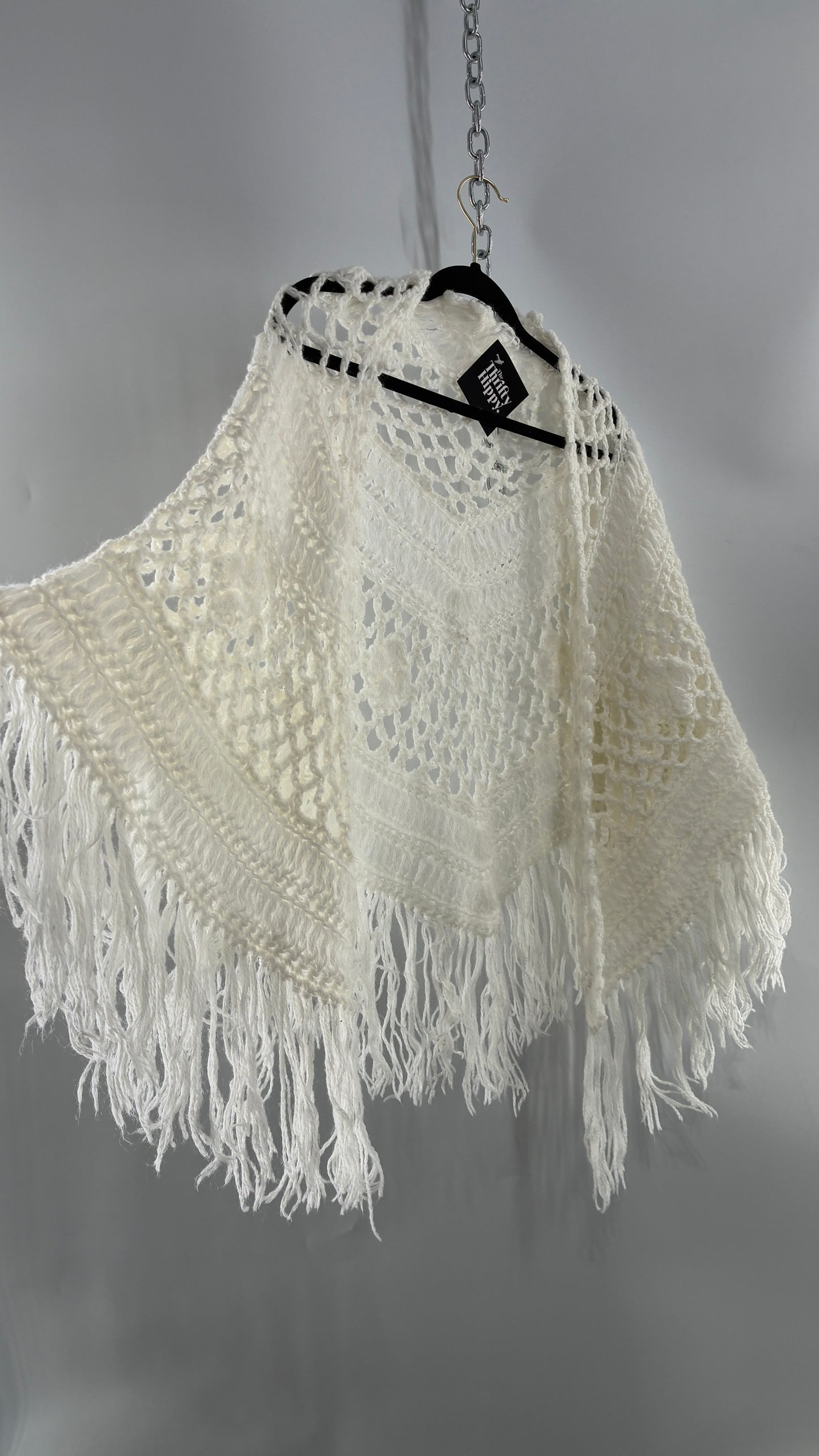 Vintage Off White Hand Knit Scarf Poncho Shawl Cape