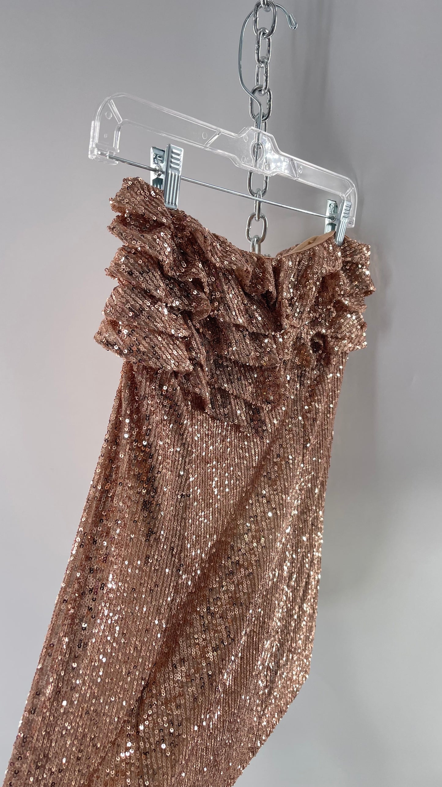 Free People Rose Gold Sequin Mini Dress with Ruffled Bust and Statement Back Zipper (4)