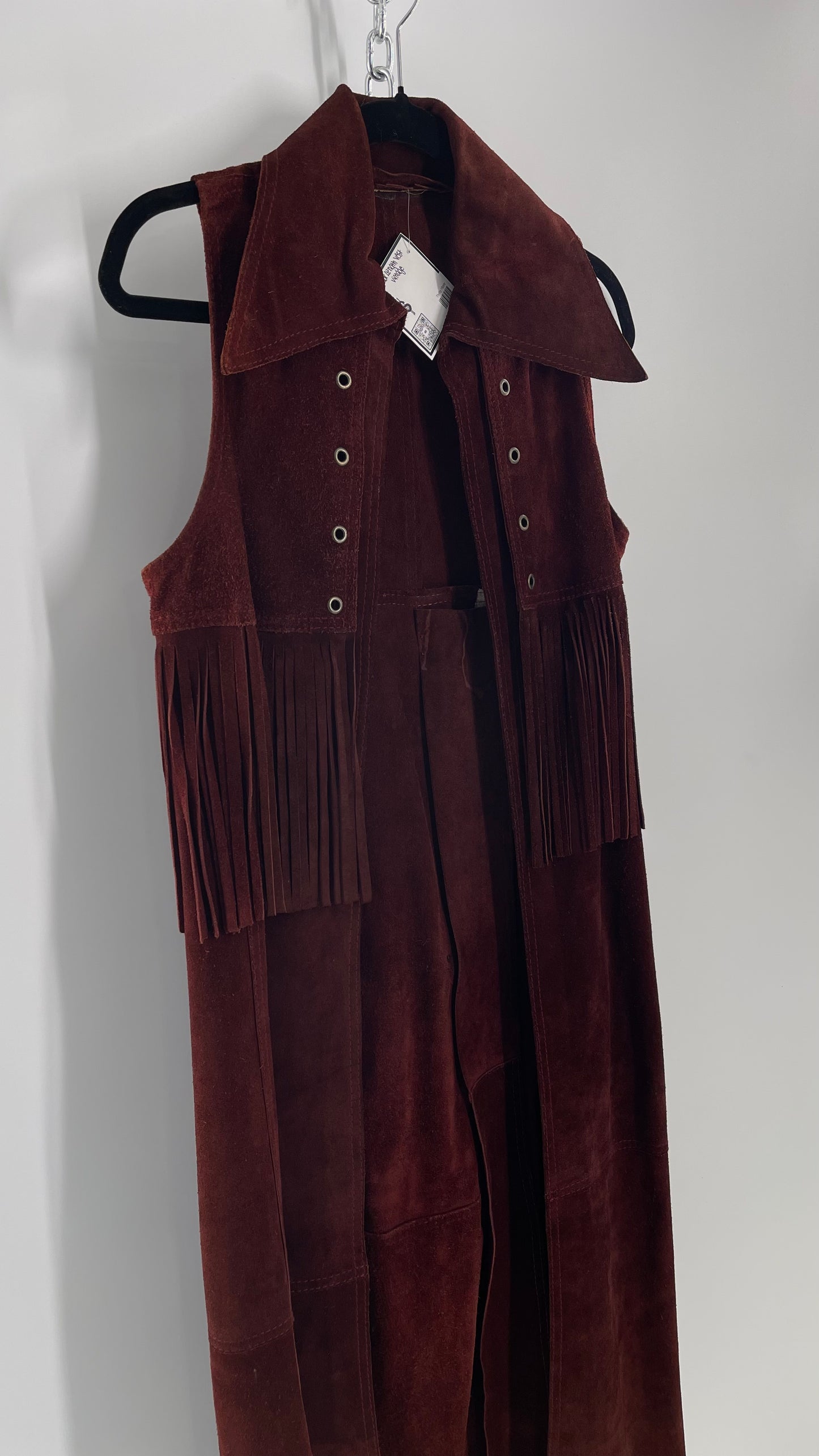 Vintage 1970s Suede Leather Full Length Reddish Brown Vest (S/M)