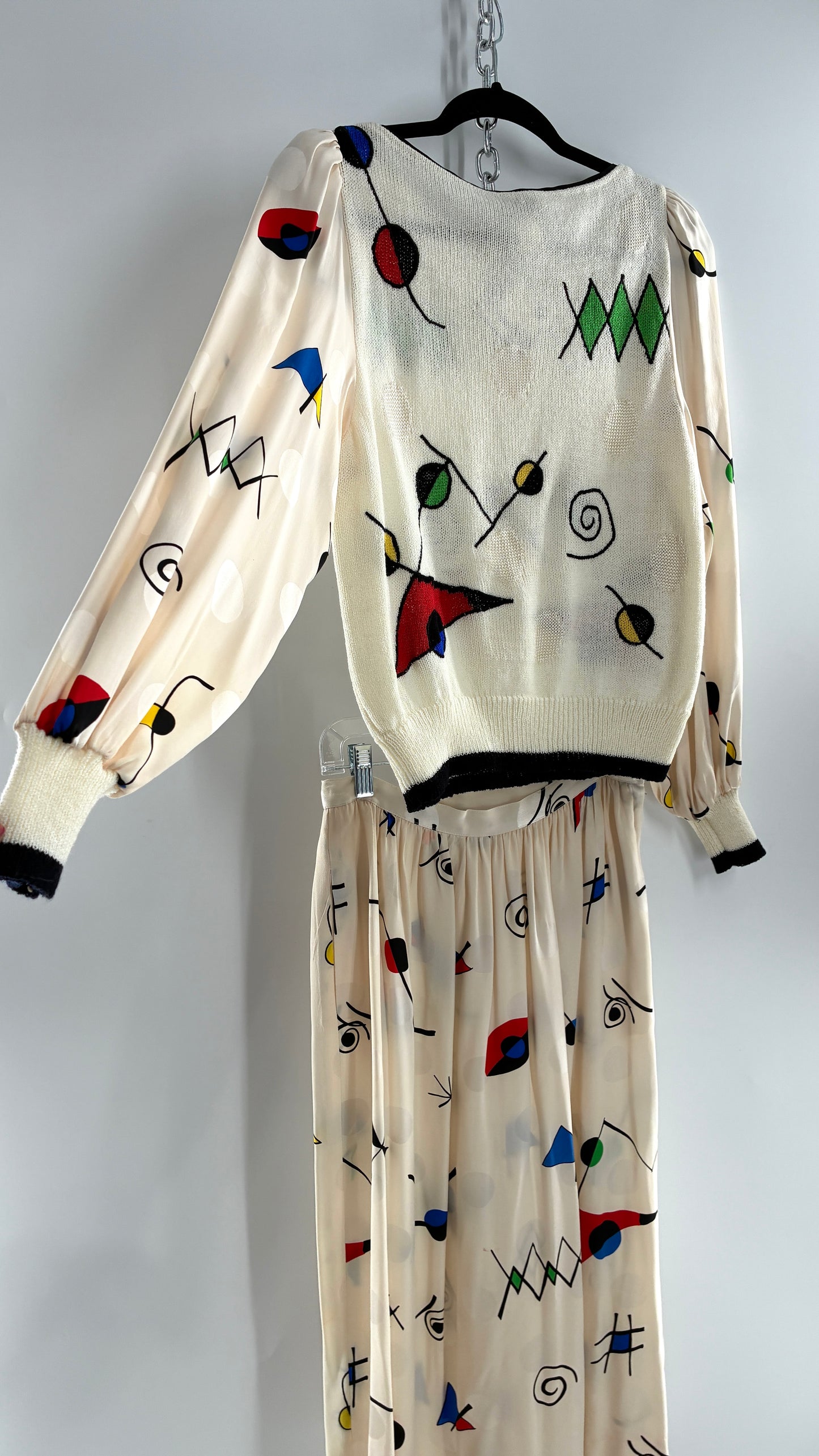 Vintage 1980s UMI collections by Anne Crimmins Off White 2 Piece Set with Abstract Embroidered Designs and 100% Silk Polka Dot Print Skirt (Medium Sweater, 8 Skirt)