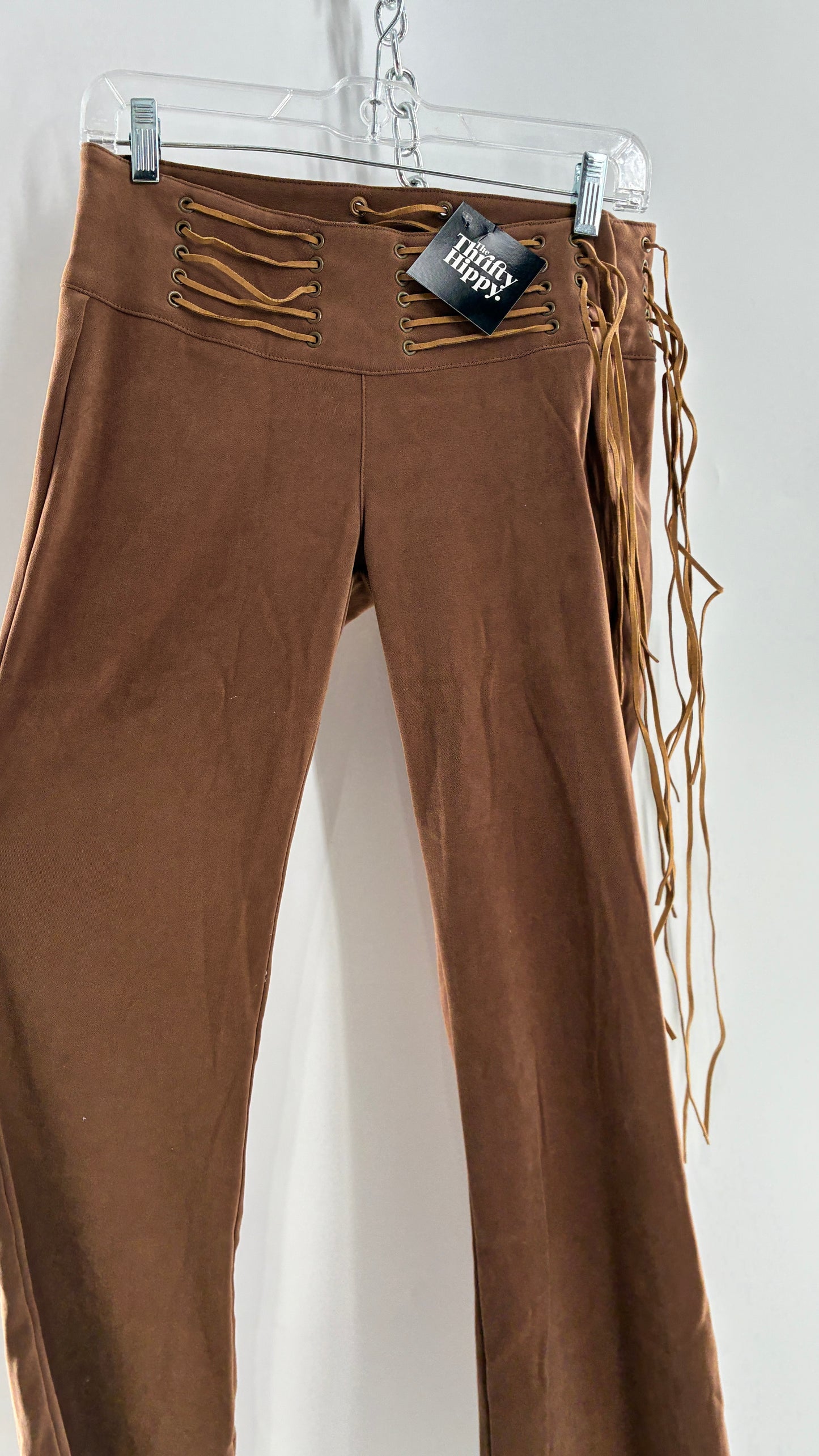 Vintage Rare L.E.I Low Rise Faux Suede Kick Flares with Wide, Thread Through Tassels Hip Band (5)