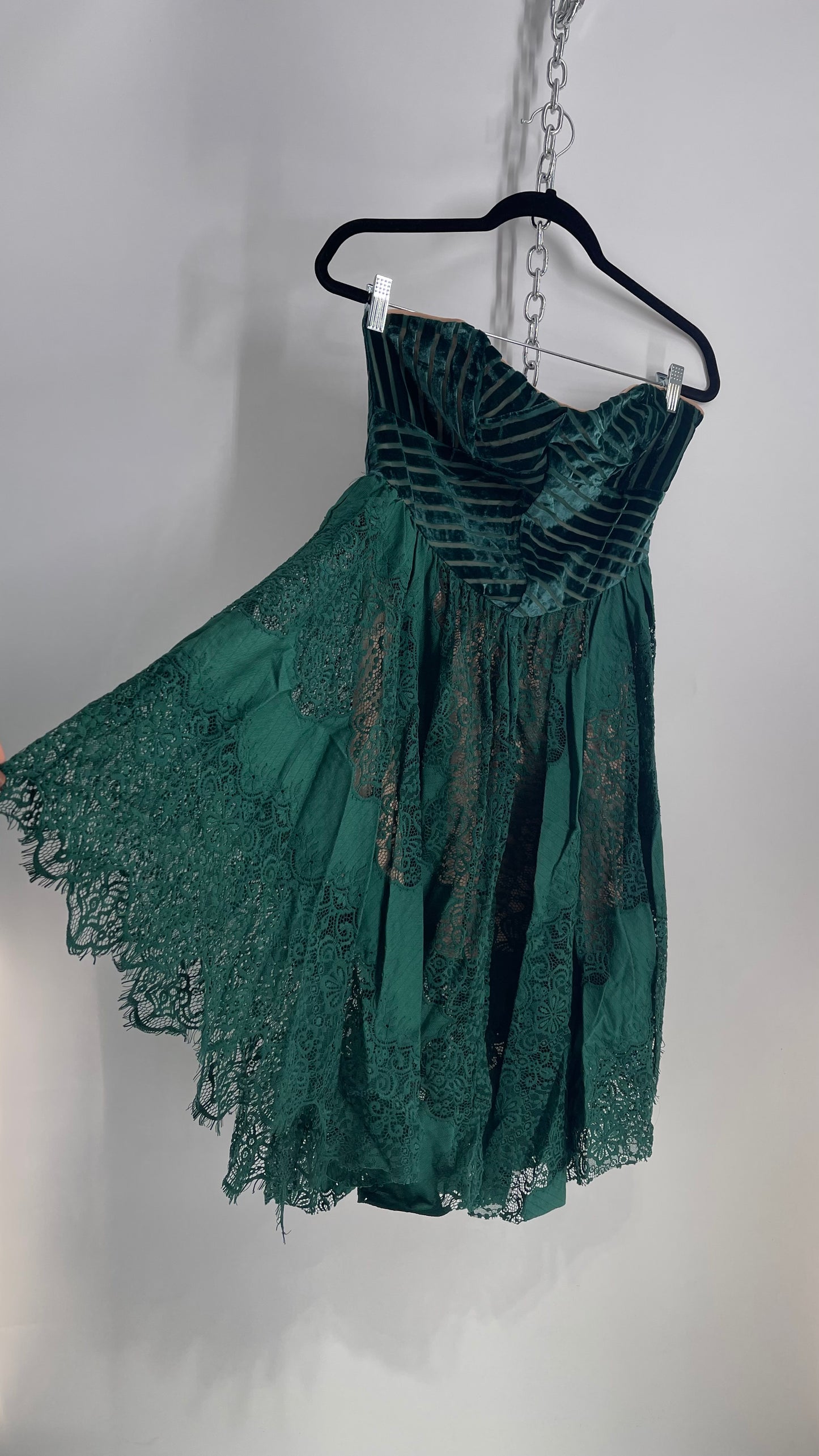 Free People Emerald Green Dress with Velvet Sweetheart Neckline Bustier Bodice with Scalloped Lace, Handkerchief Hem Skirt over Nude Underlay 
 (4)