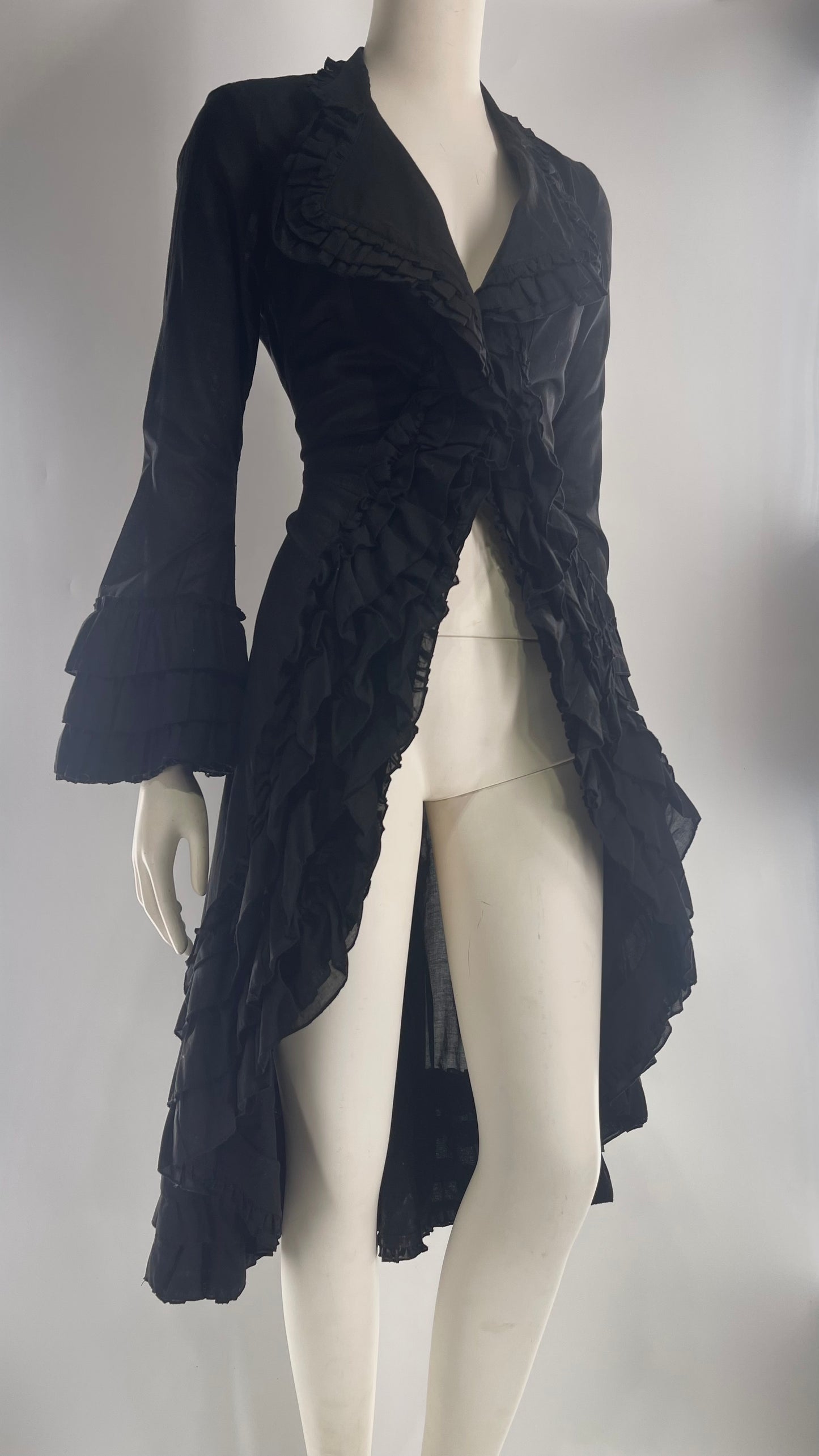 Vintage Cordelia Cotton Black Ruffled Duster Coat with Ruffled Lapel and Cuffs (XS)