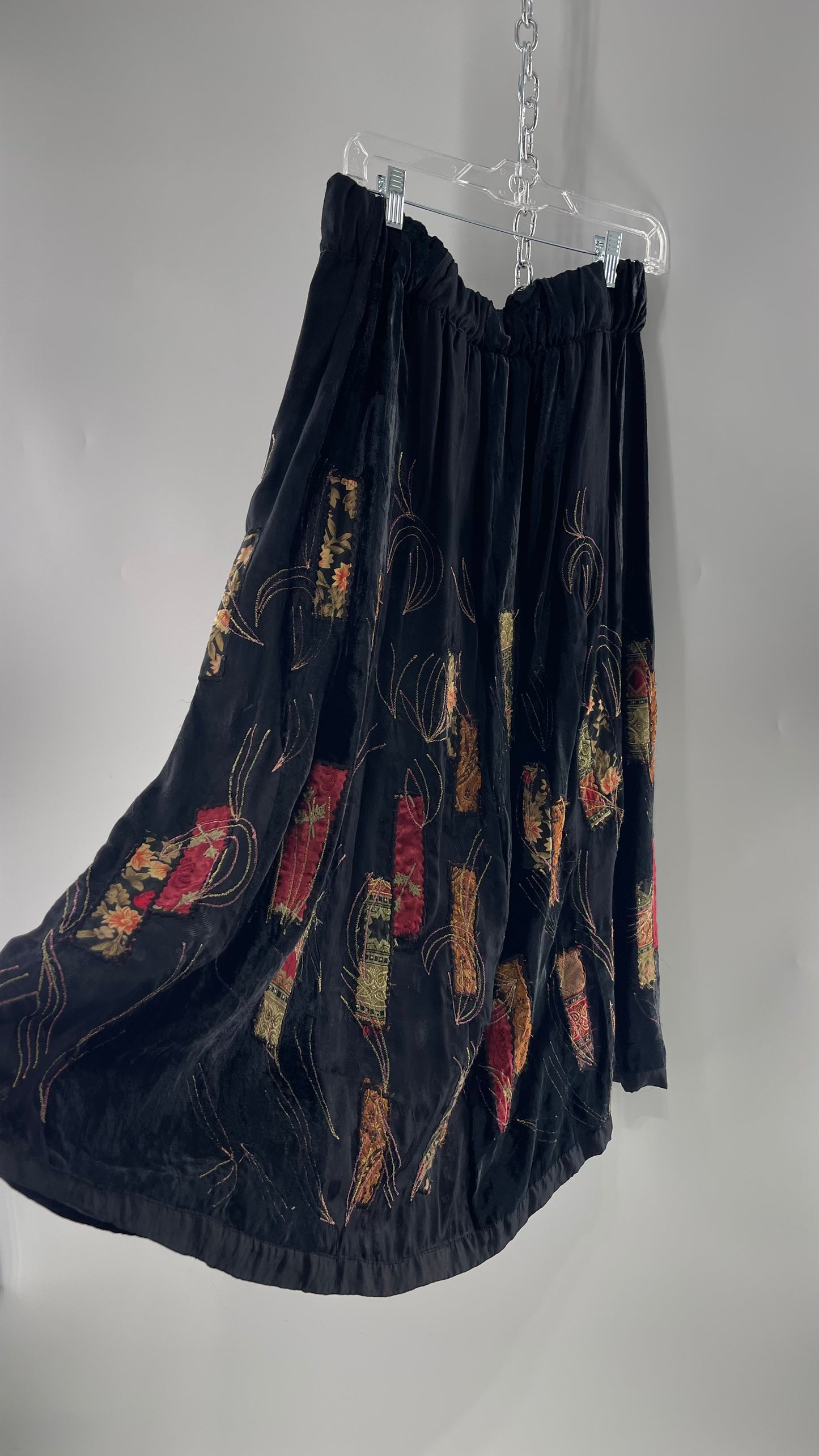 Vintage Black Velvet and Embossed Florals Patchwork Skirt with Metallic Stitch Detailing with Lining and Thick Waistline (M)