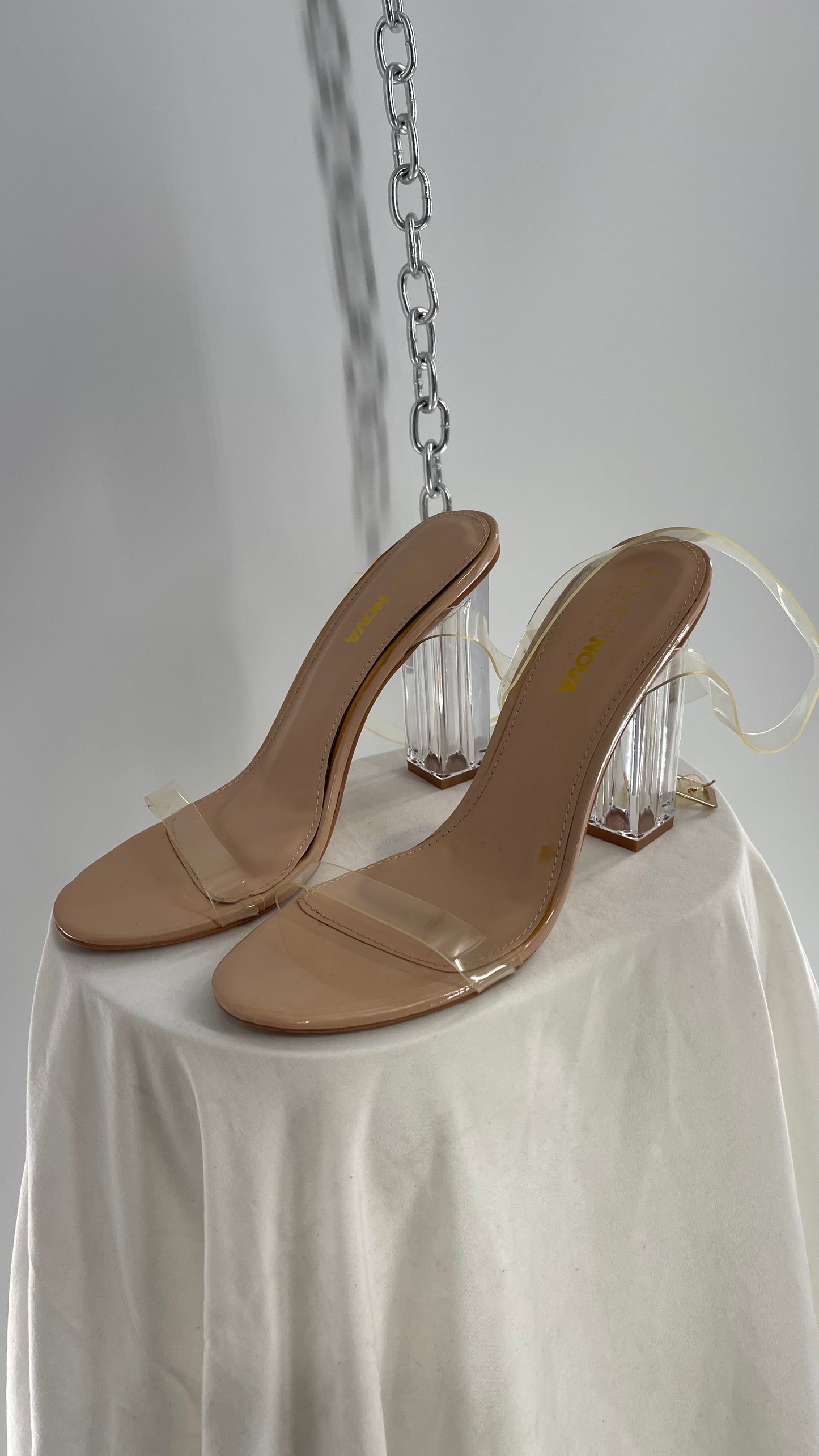 FashionNova Tan Base Lucite Heel Clear Strap Heel (10)