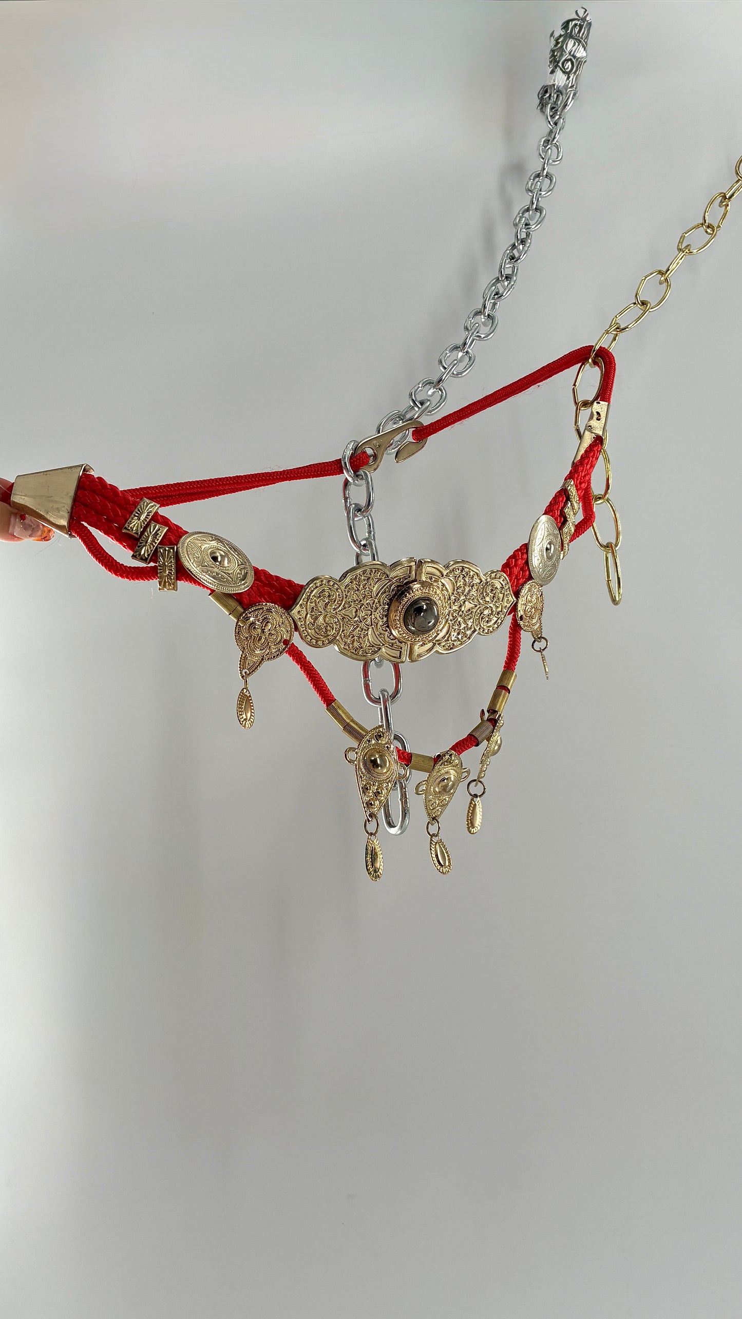 Vintage 1980s Red Rope Belt with Gold Engraved Coins Made in Korea