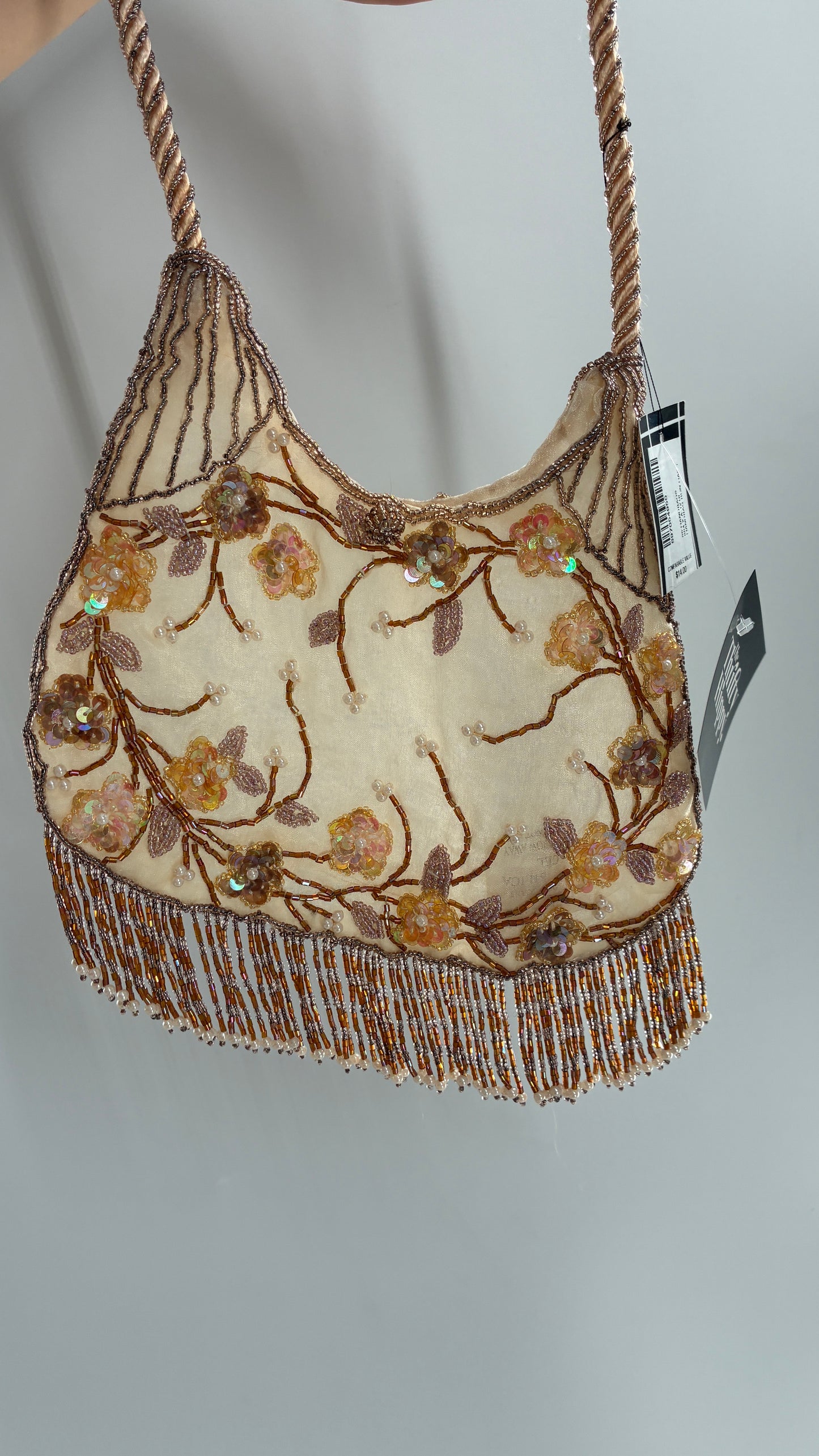 Vintage Deadstock Beige Beaded Fringe Purse with Embroidered Beaded Florals