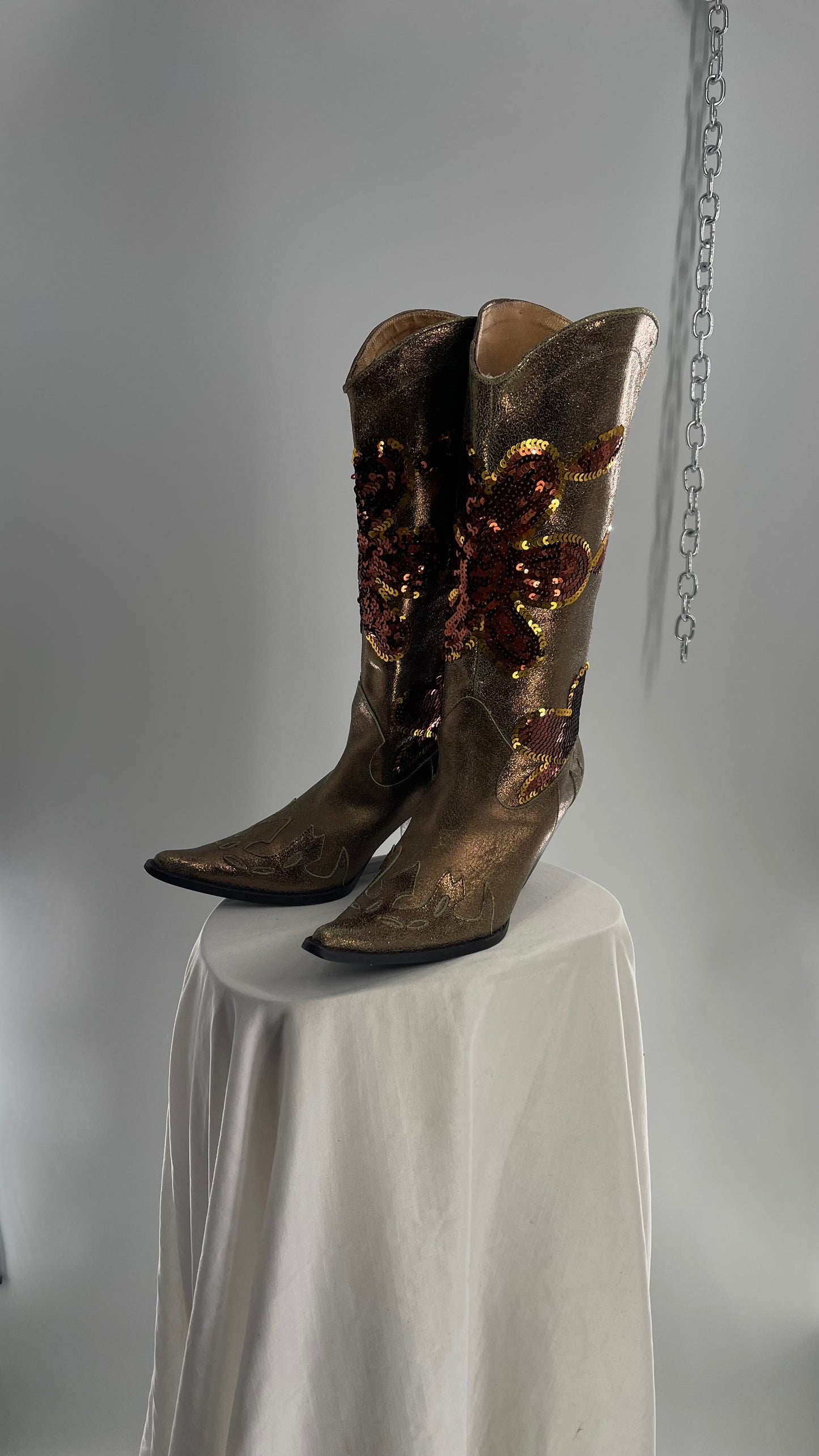 RARE Vintage Foot Candy Sage Green/Bronze Leather Cowboy Boots with Sequin Flowers and Flame Details (6.5)