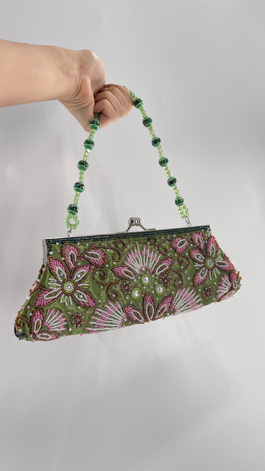 Vintage 1990s Fashion Express Beaded Green/Pink Purse