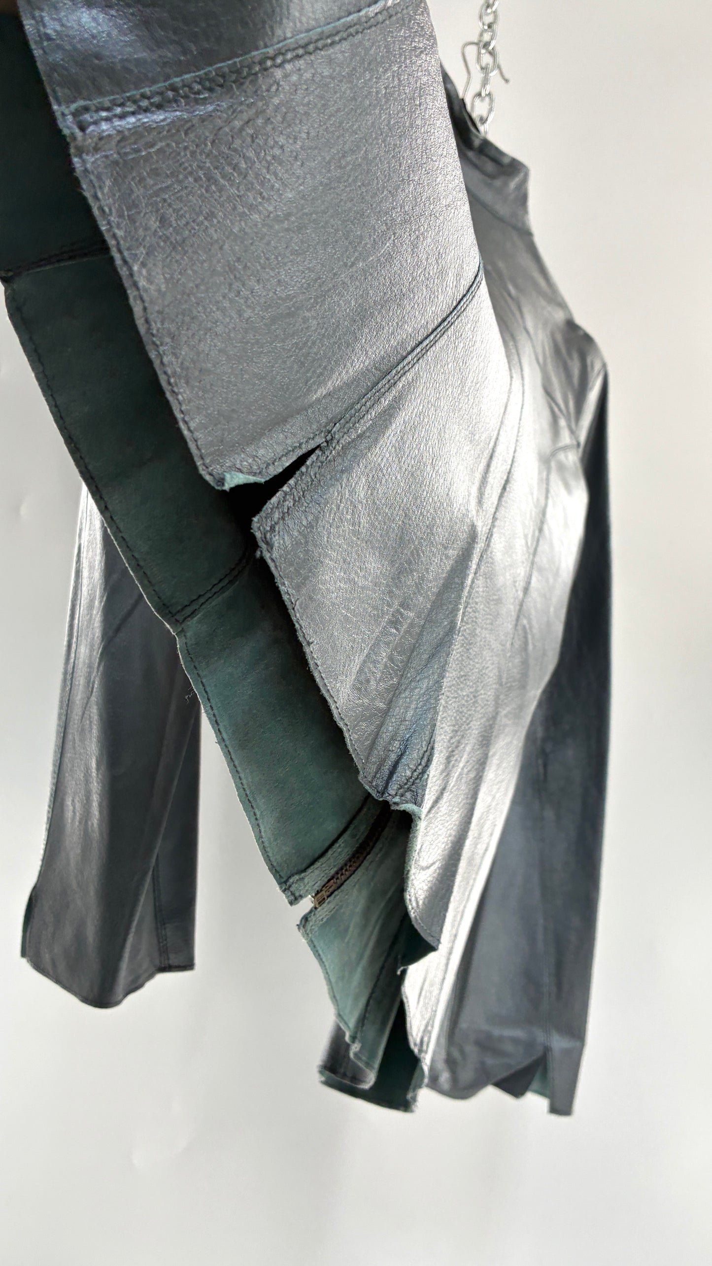 Vintage 1990s Metallic Blue Genuine Leather and Suede Reversible Thin, Zip Up Moto Jacket (XXL)