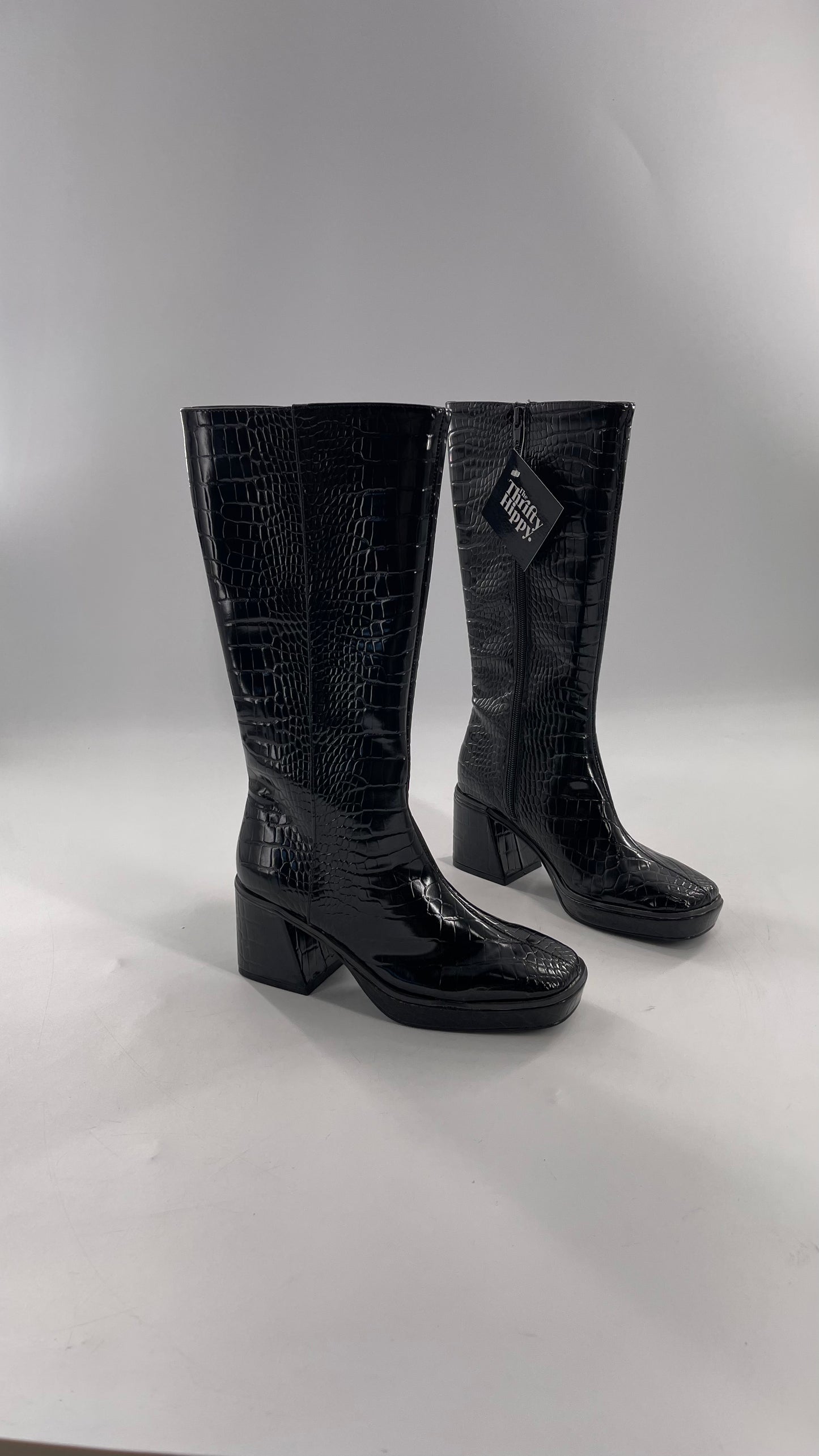 Urban Outfitters Black Crocodile Embossed Knee High Heel Boots (6)