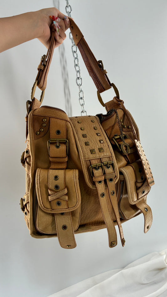 Rare Vintage BETSEY JOHNSON Heavy Leather, Oversized Shoulder Bag with Leopard Lining