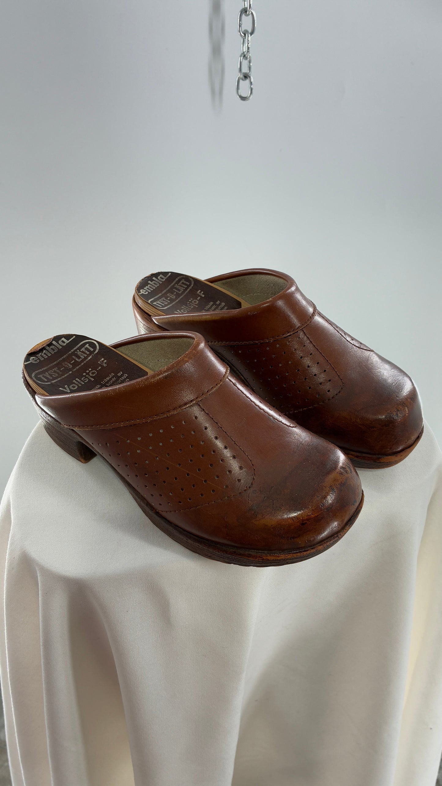 Vintage EMBLA 1970s Brown Leather, Wooden Clogs (37)