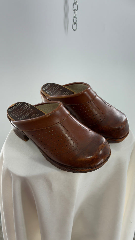 Vintage EMBLA 1970s Brown Leather, Wooden Clogs (37)