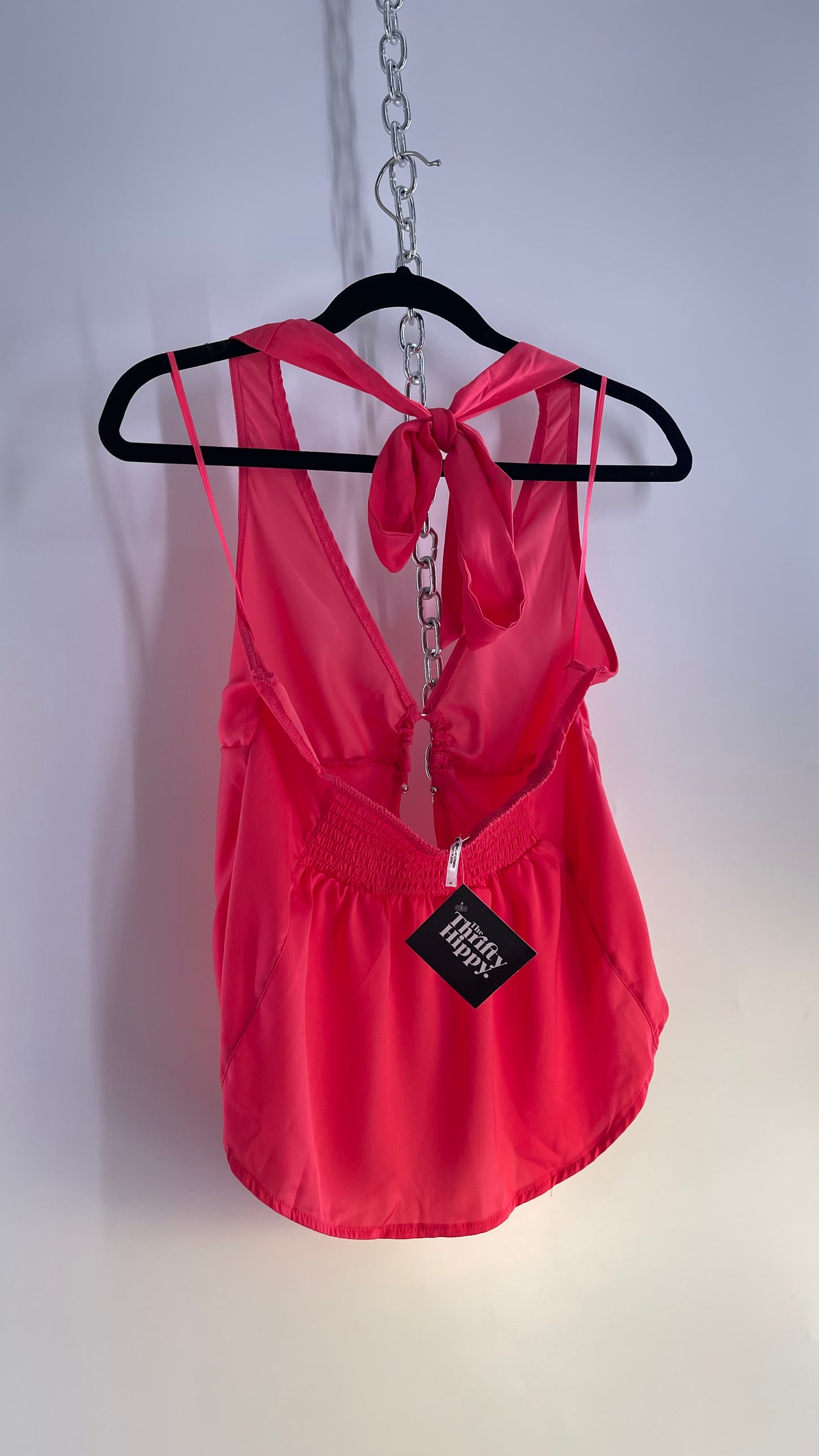 Free People Hot Pink Silky Vented Halter with Silver Metal Bust Detail (Small)