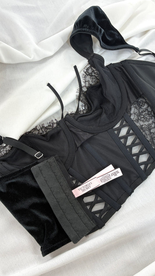 Vintage VICTORIAS SECRET Black Velour Corset Bra (Small)