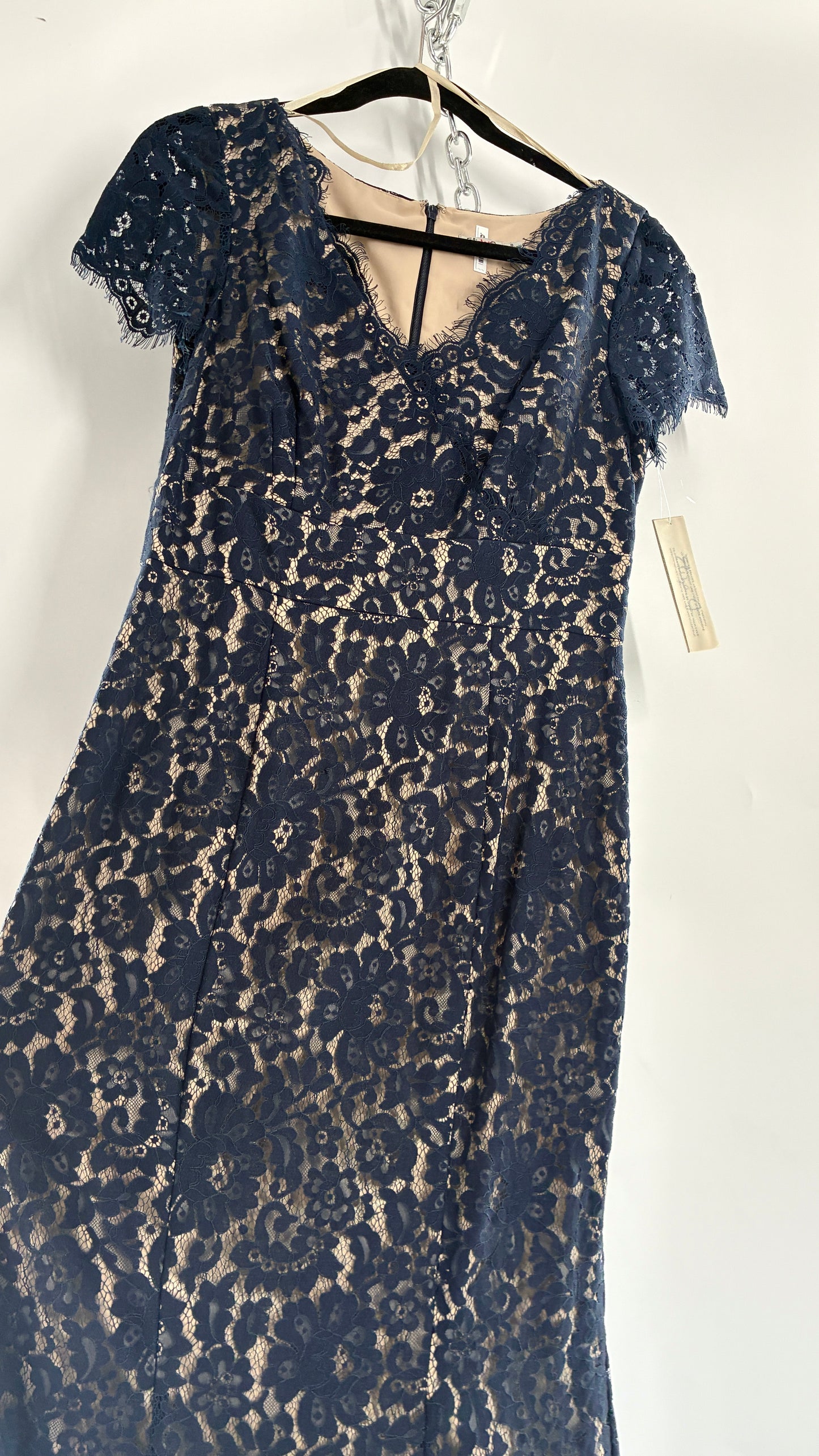 Deadstock Vintage ELIZA J Navy Blue Overlay Lace Full Length Mermaid Style Gown (8)