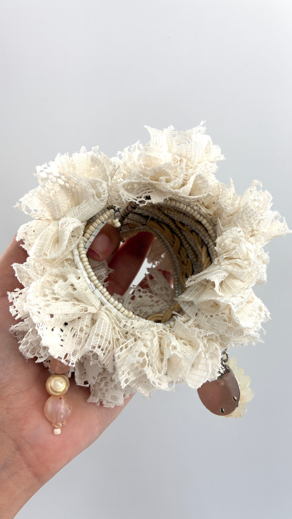 Handmade Oversized Ivory Lace Rosette & Jeweled Charm Statement Cuff