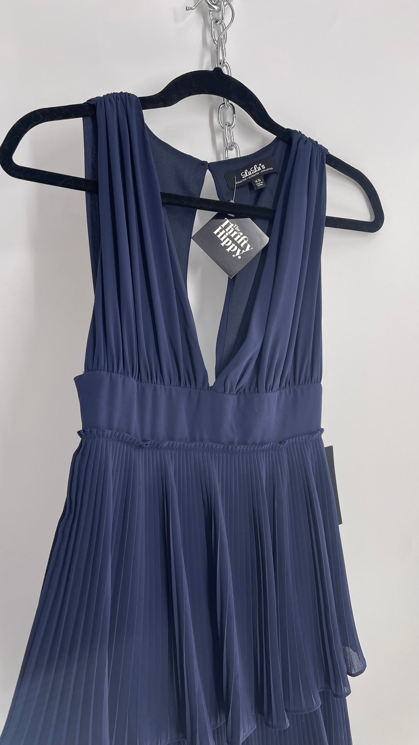 Lulu*s Pleated Navy Blue Floor Length Gown with Three Tiers and Tags Attached (XS)