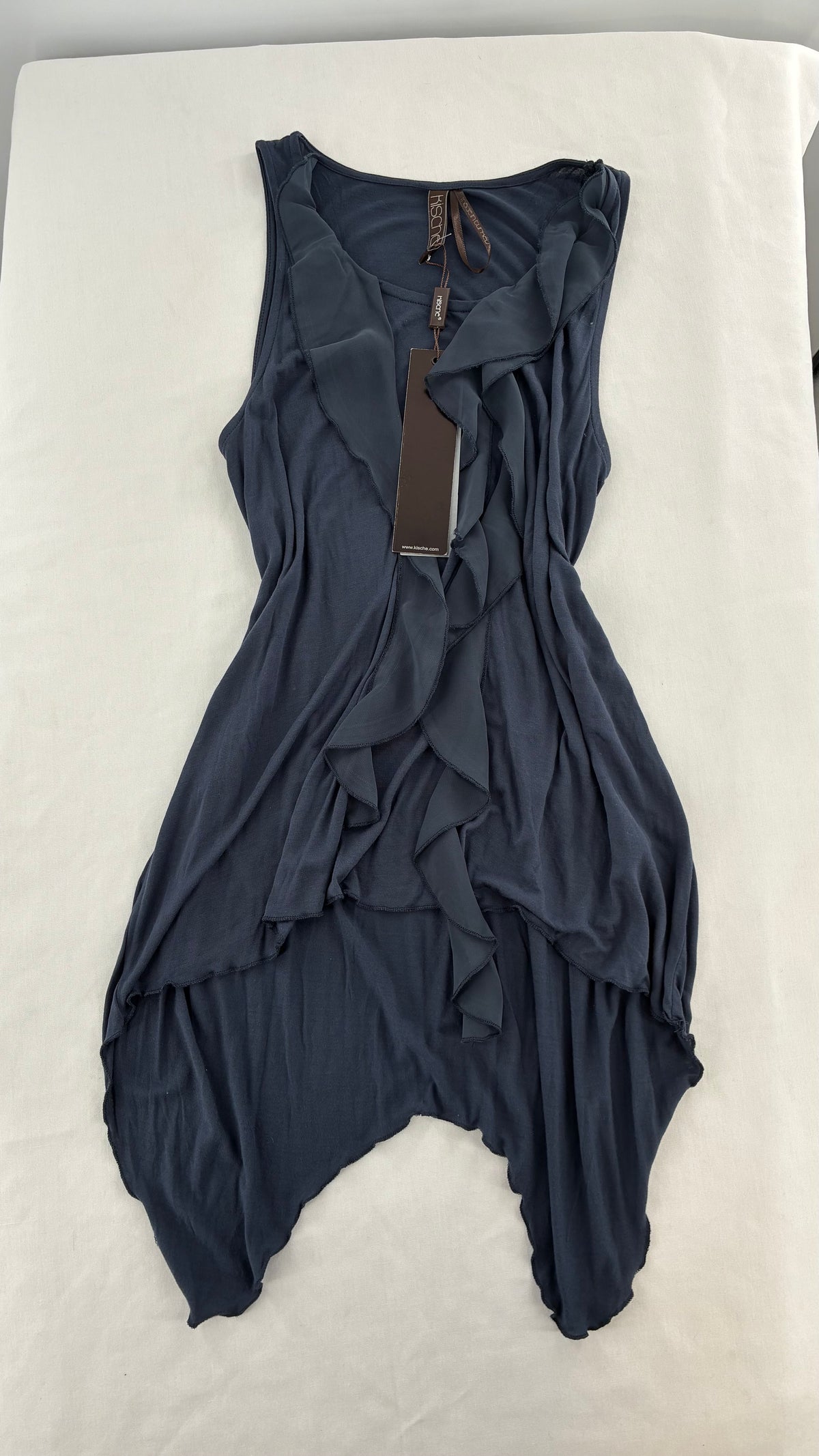 Vintage KISCHE Dusty Navy, Ruffled Handkerchief Hem Tagged Tank (Small)